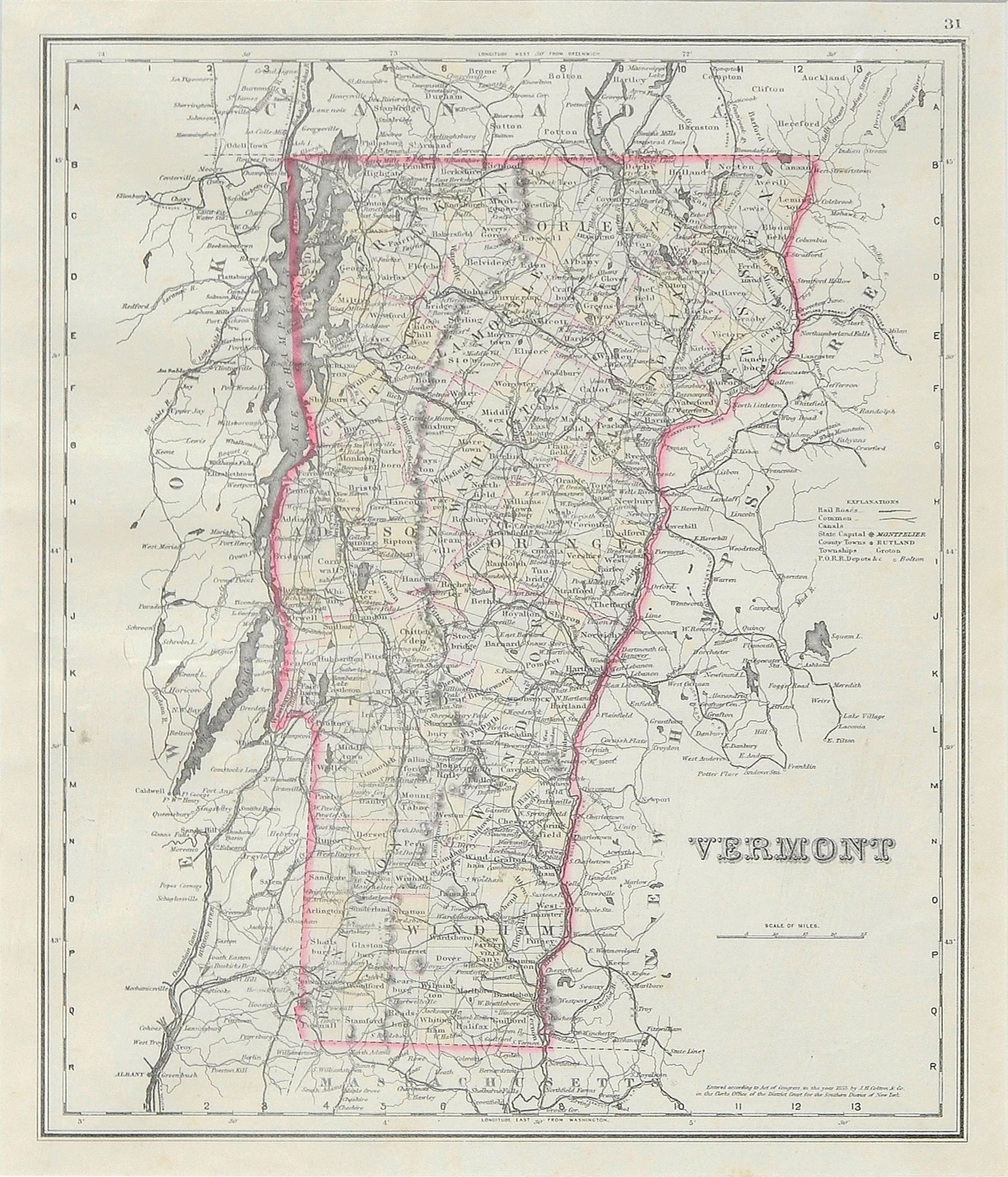 Antique Map of Vermont - Print by J.H. Colton & Company