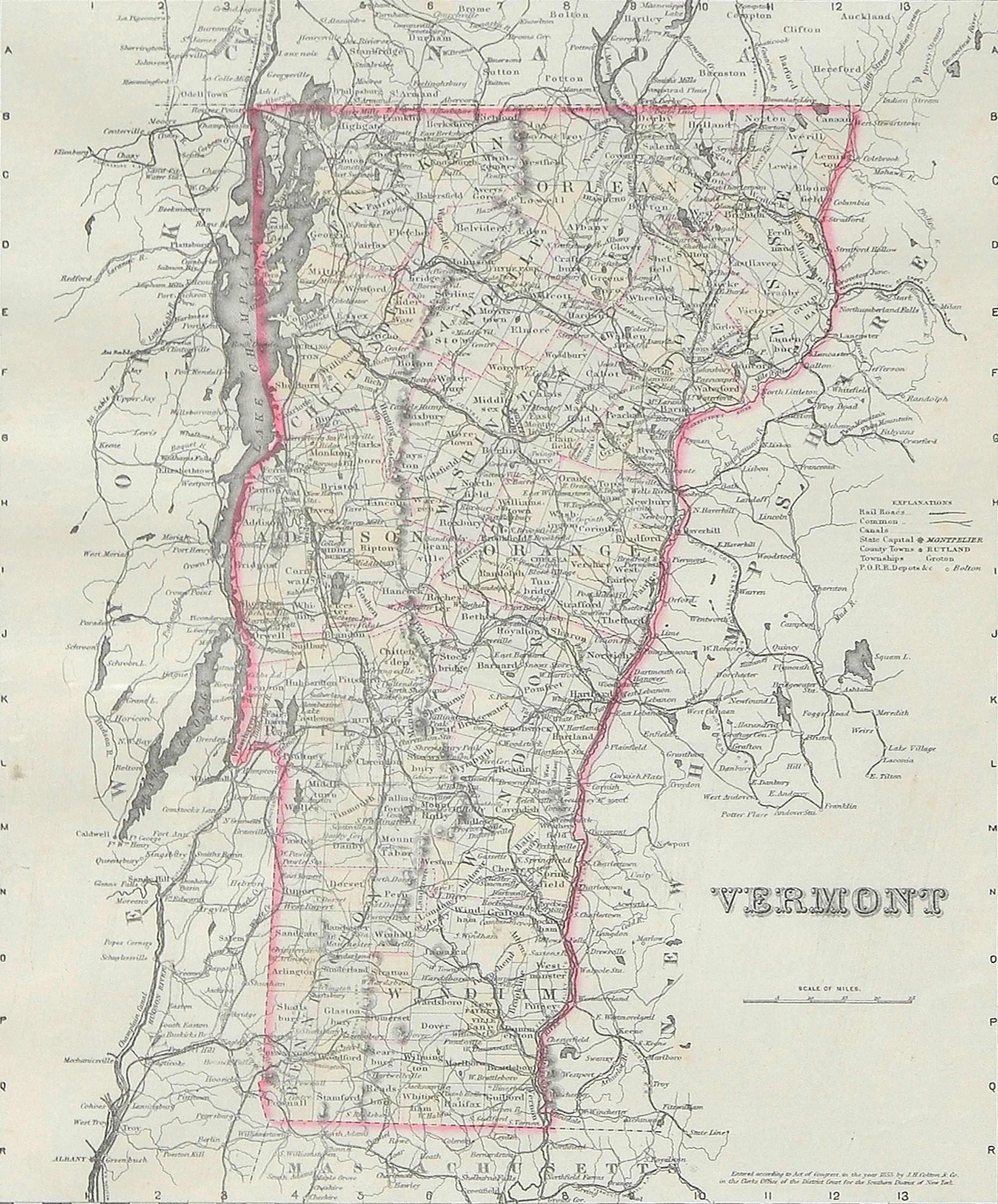 Antique Map of Vermont - Academic Print by J.H. Colton & Company