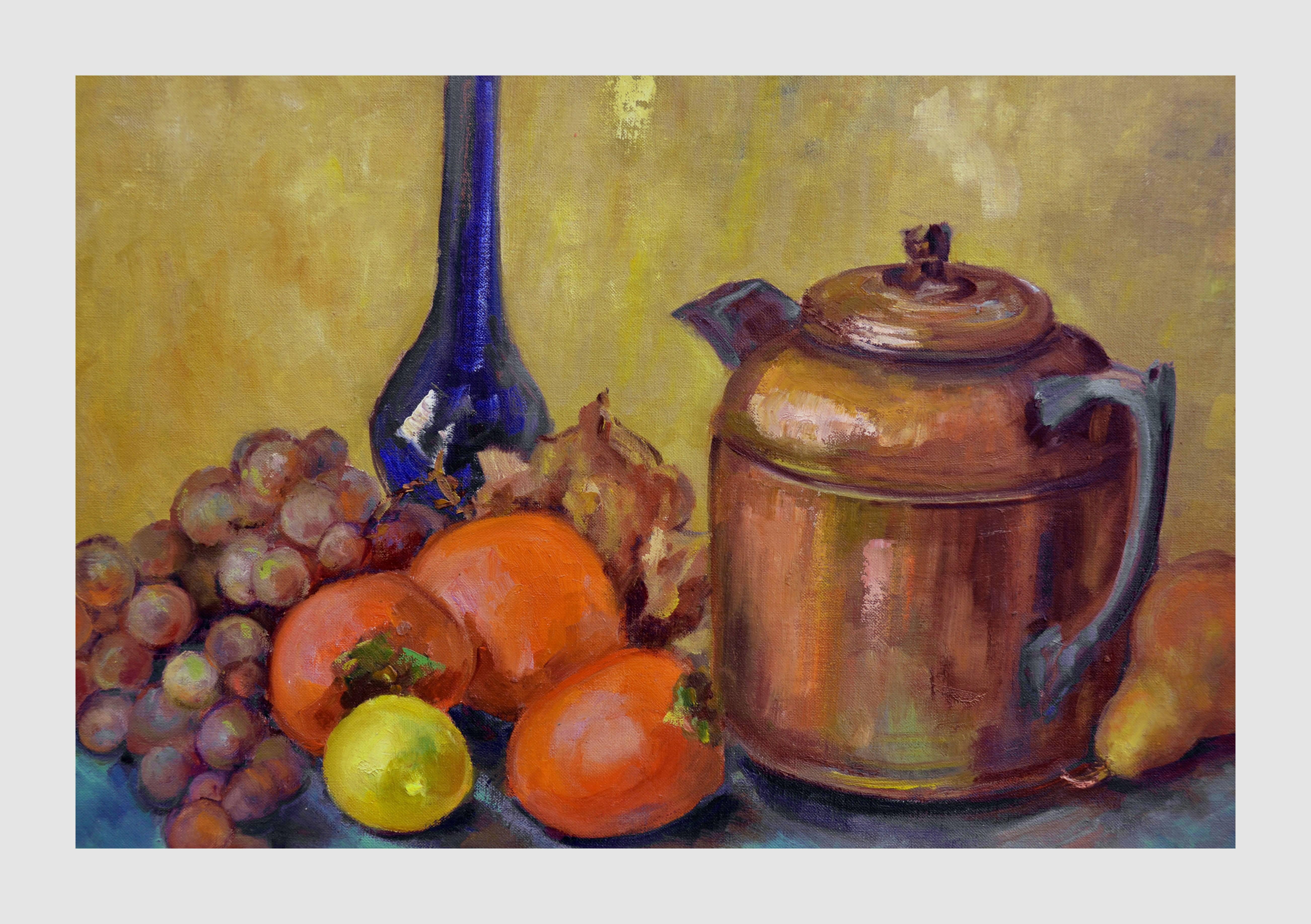 Mid Century Teapot, Vase and Fruit Still Life - Painting by Helen Enoch Gleiforst