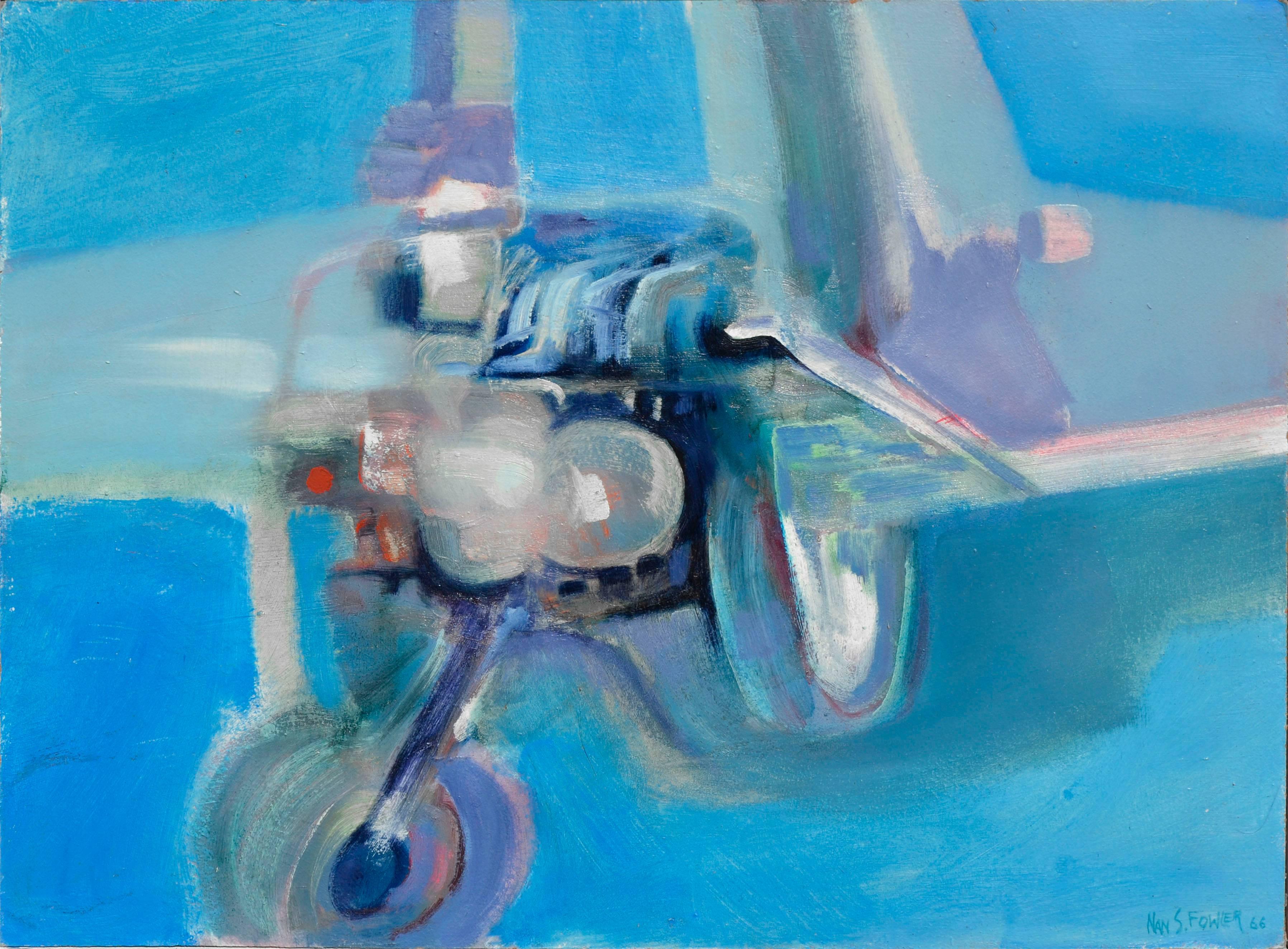 Mid Century Modern Motorcycle Abstract in Blues - Painting by Nan Street Fowler