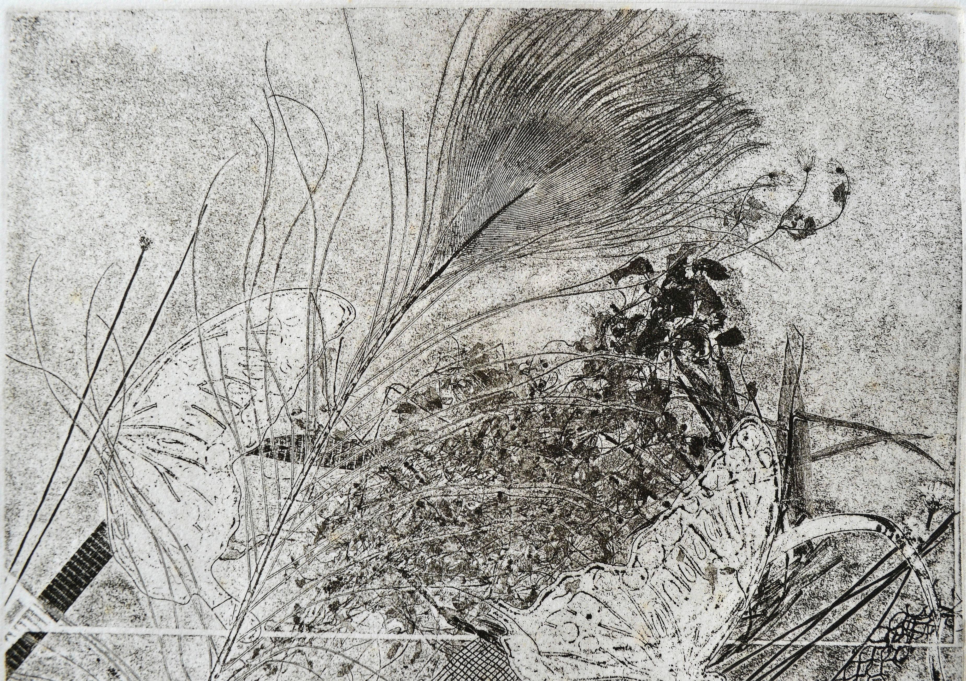 Abstract etching, rich in visual texture, titled 