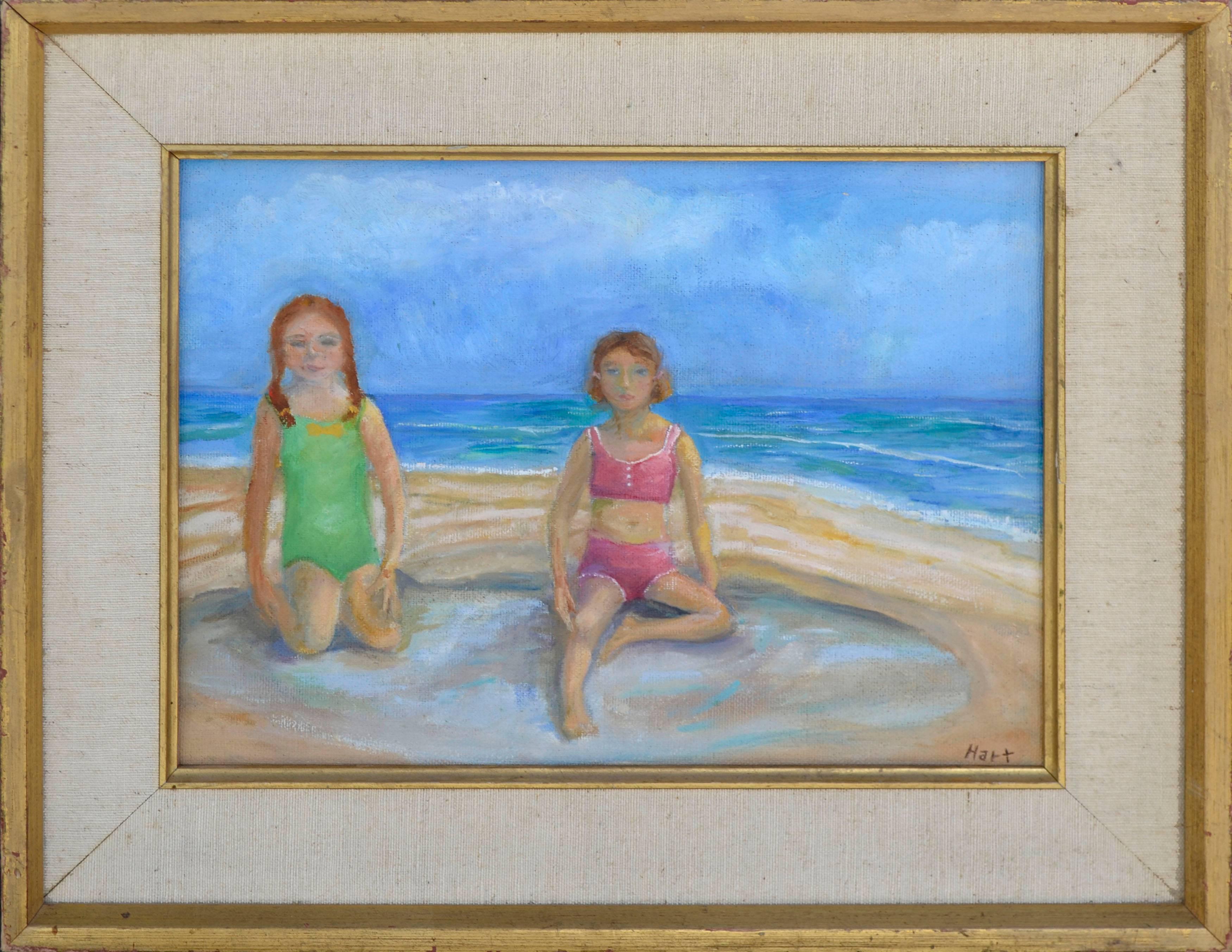 Gladys Hart Figurative Painting - Two Girls on the Beach - Figurative Landscape 
