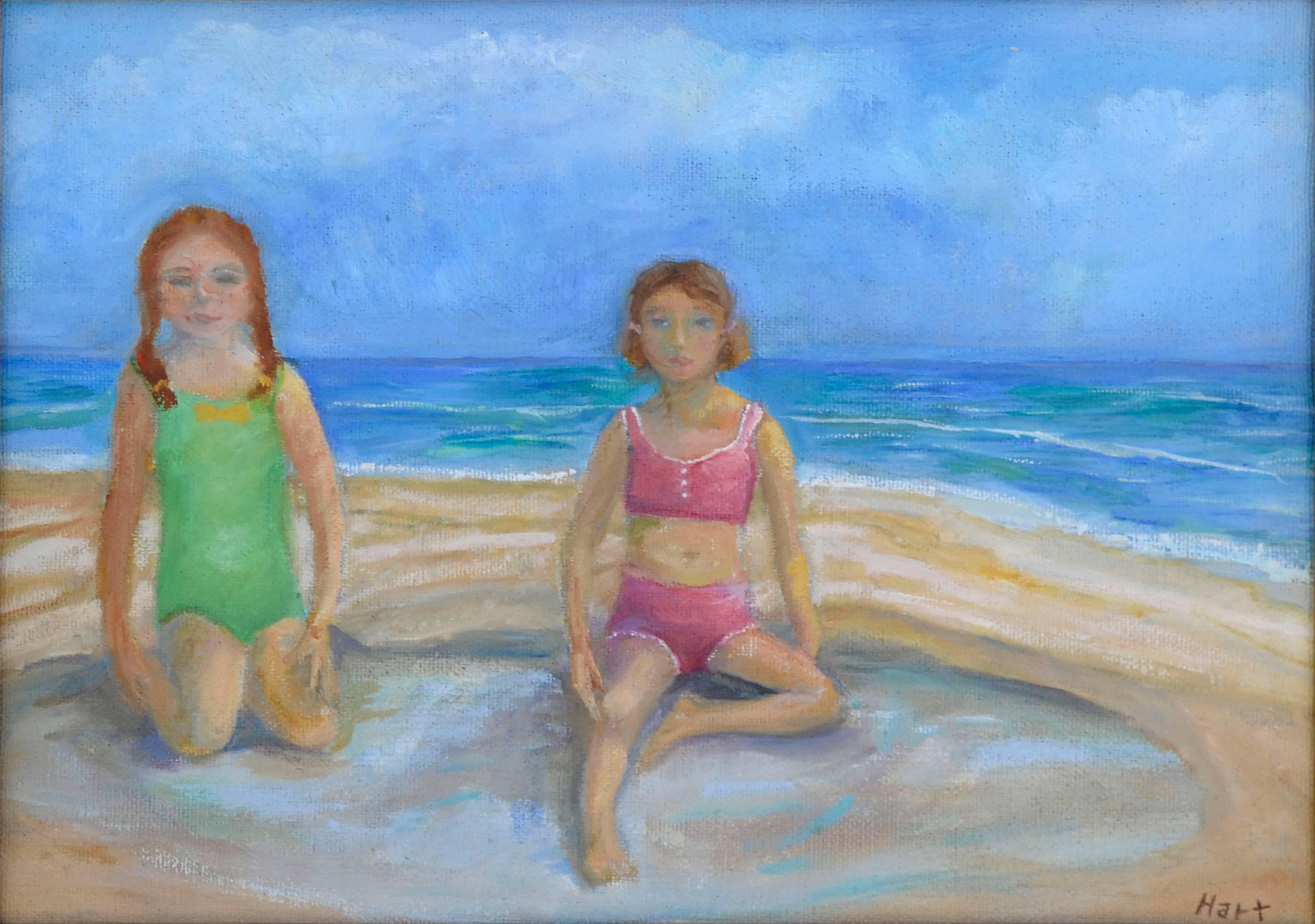 Two Girls on the Beach - Figurative Landscape  - Painting by Gladys Hart