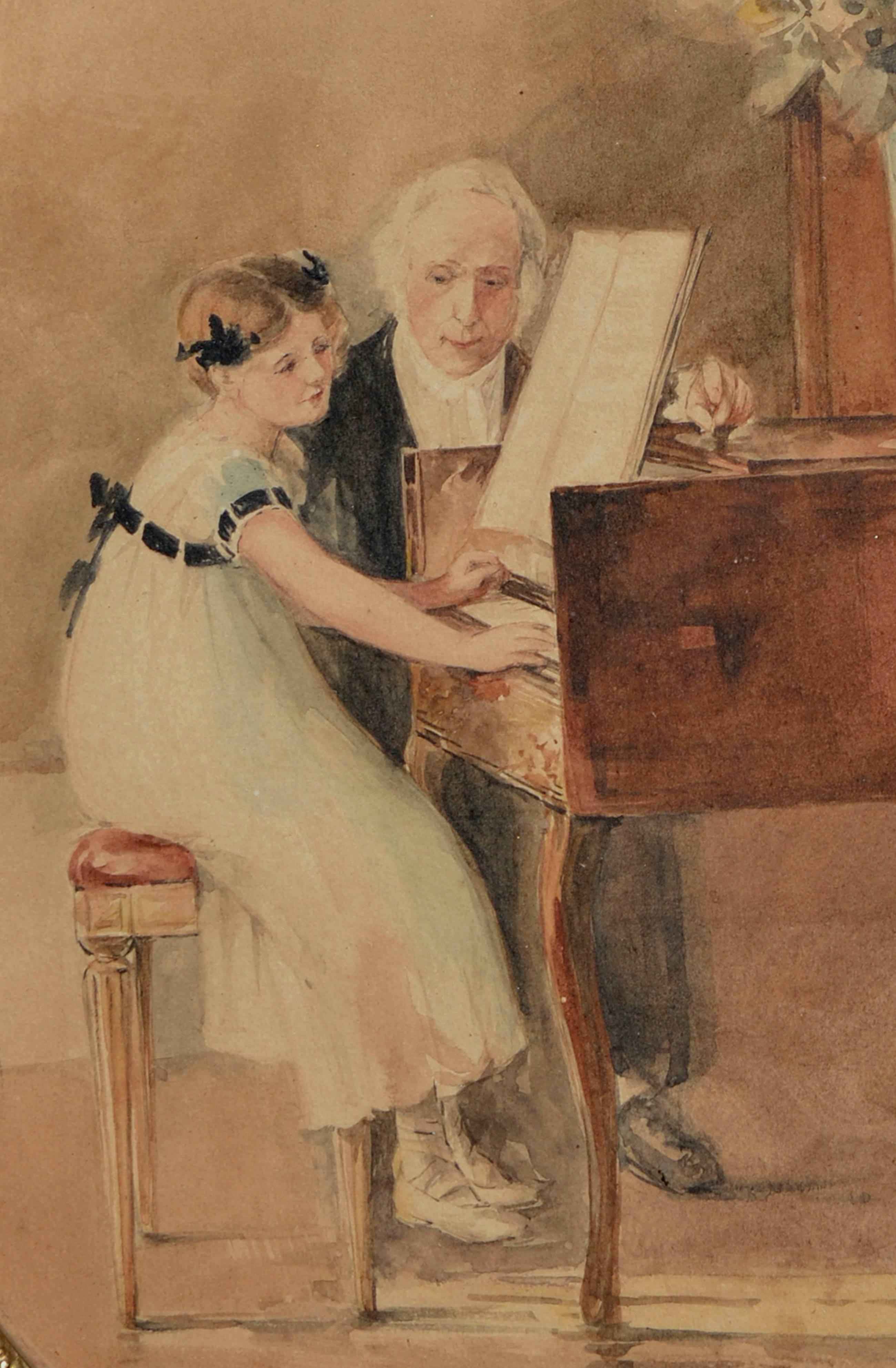 The First Piano Lesson - 1920's Figurative Watercolor  - Art by Edward Volkman