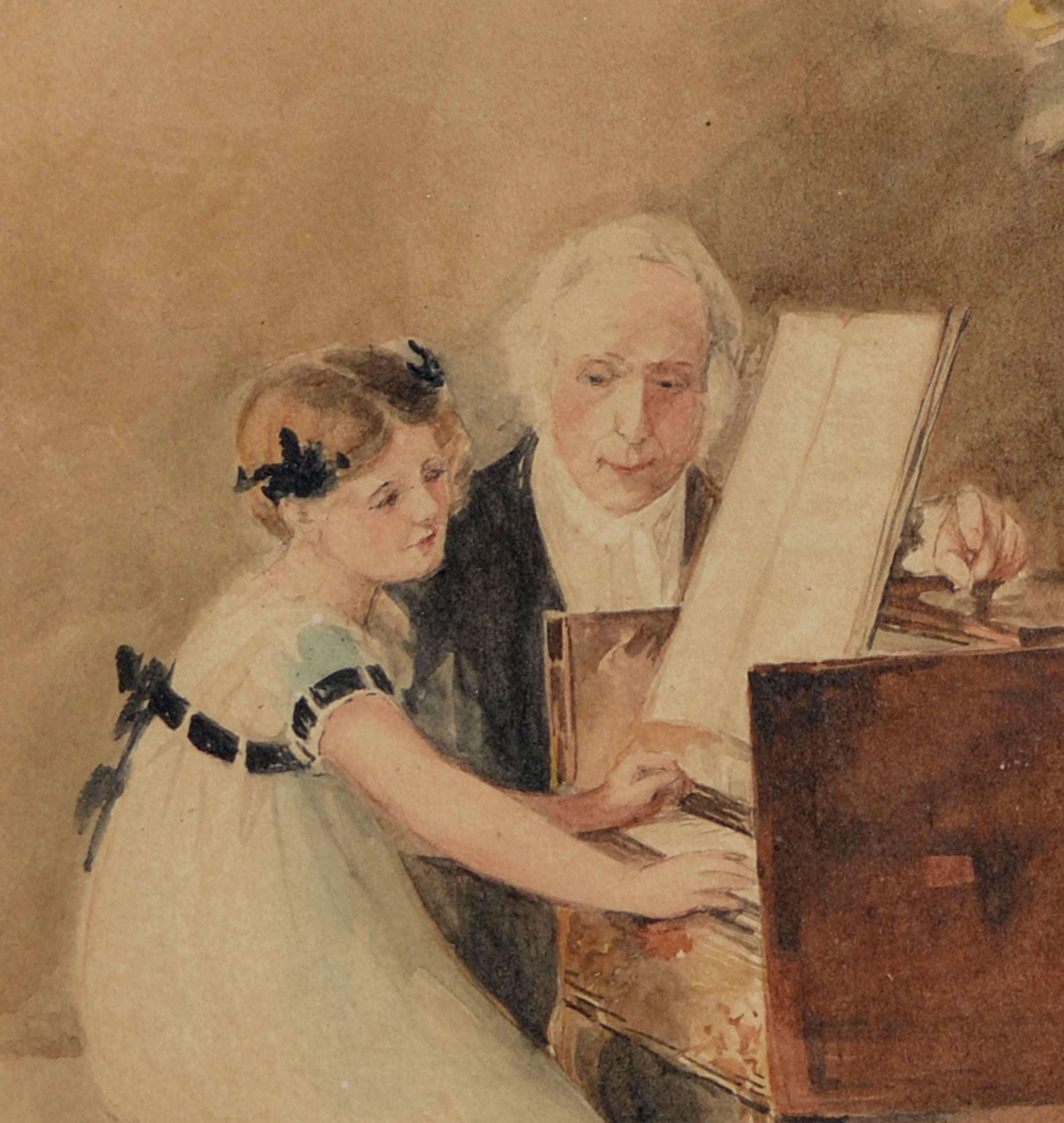 La prima lezione di pianoforte - Acquerello figurativo del 1920 - Art Impressionismo americano di Edward Volkman