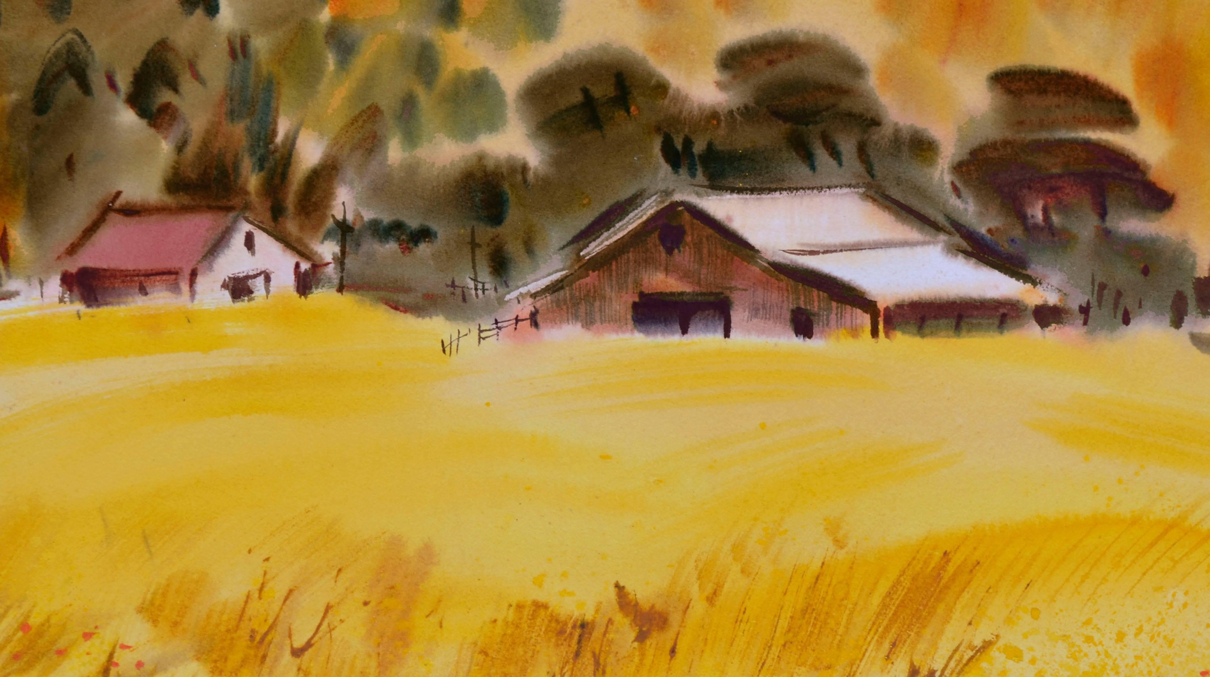 Lewis Suzuki Landscape Painting - Country Barn Watercolor Landscape 