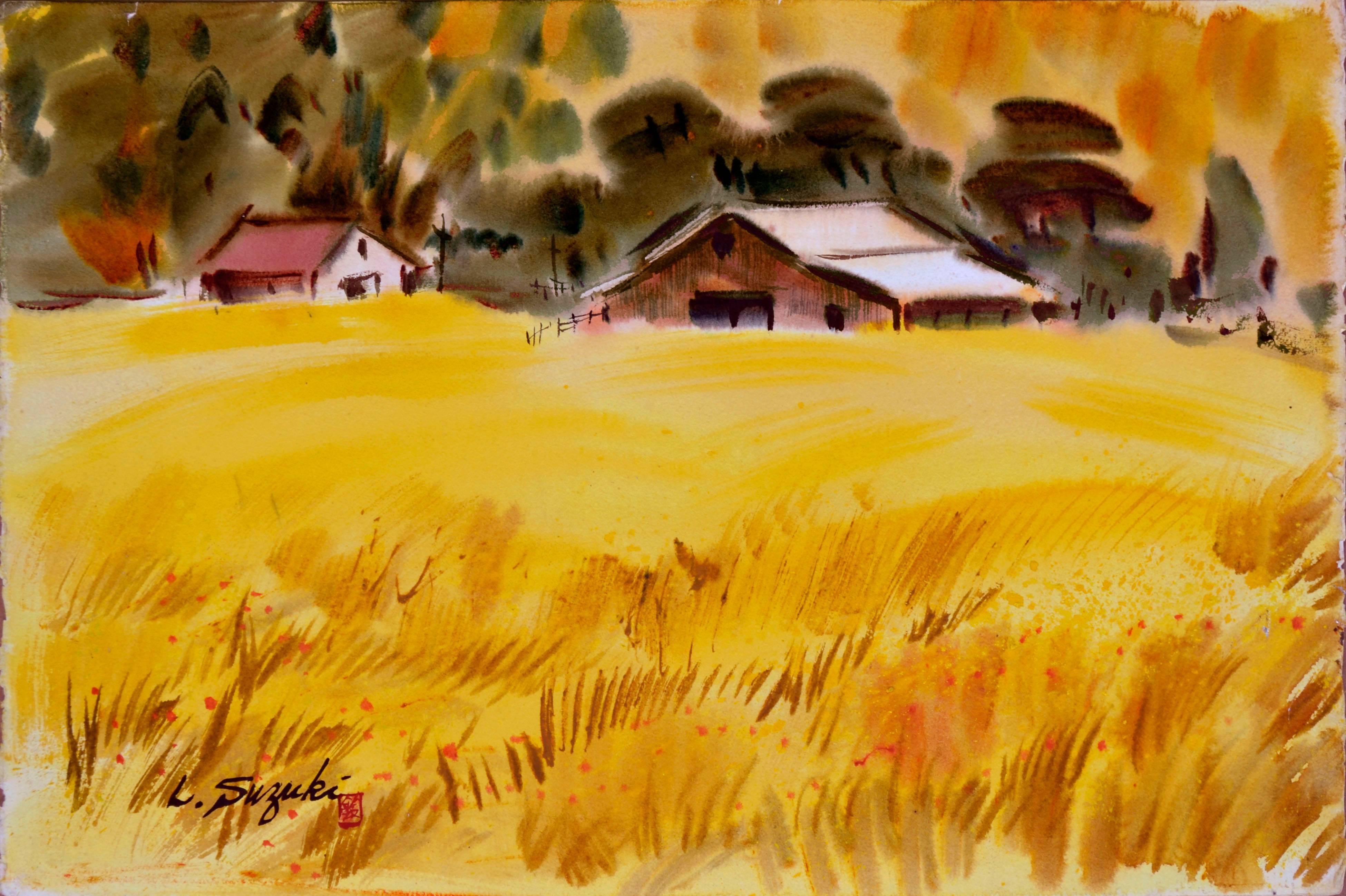 Country Barn Watercolor Landscape  - Painting by Lewis Suzuki