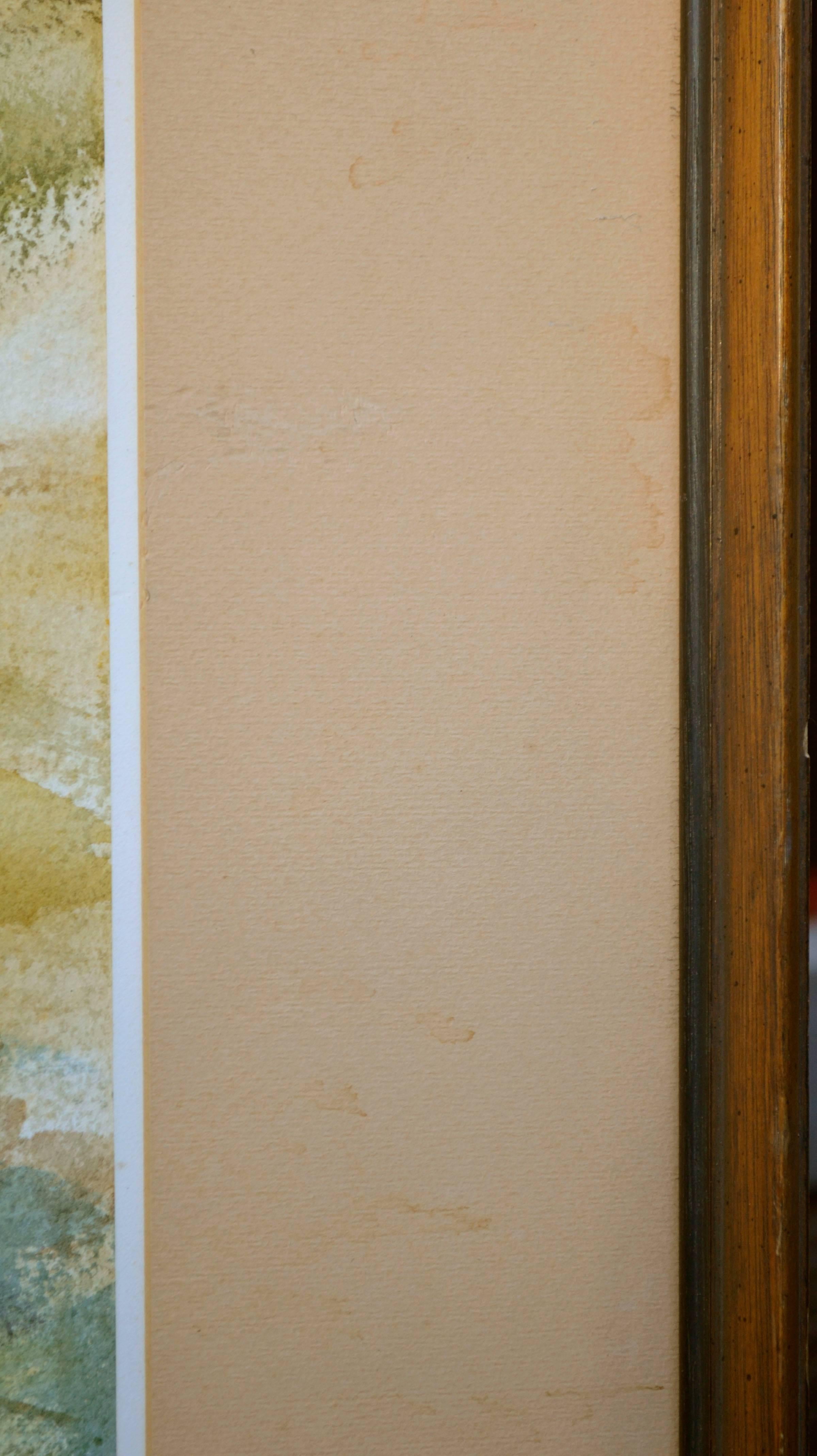 Escena rural de una granja en la ladera de una colina, representada en acuarela sobre papel de trapo por el artista de la acuarela y el acrílico del norte de California W. H. Myers (estadounidense, siglo XX). Firmado 