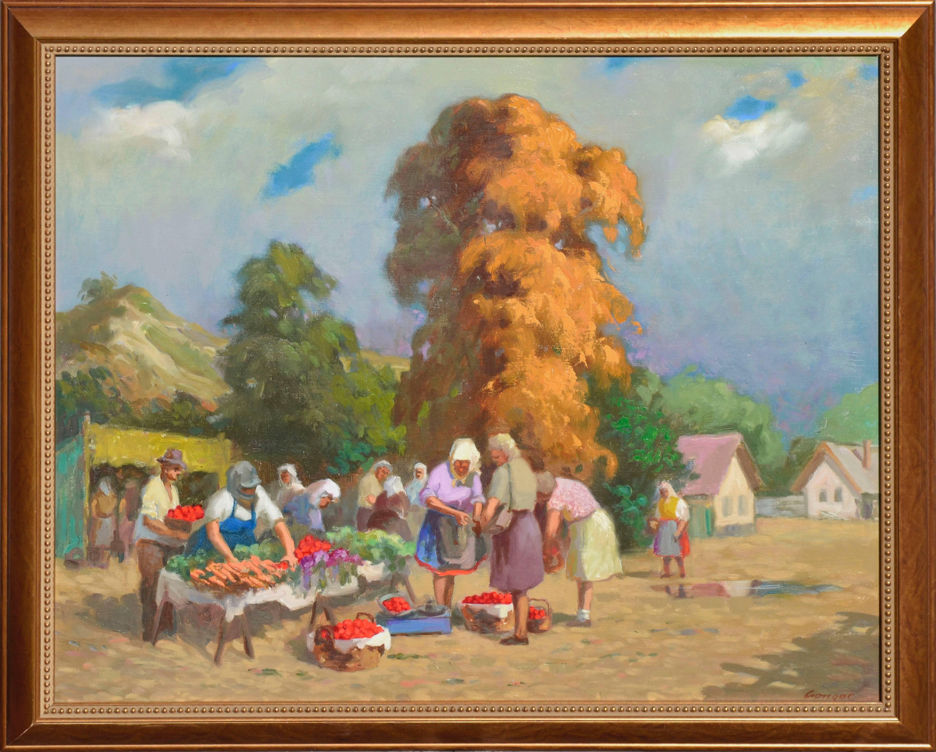 Gongor Landscape Painting - Silesia Farm Stand - Polish Figurative Landscape 