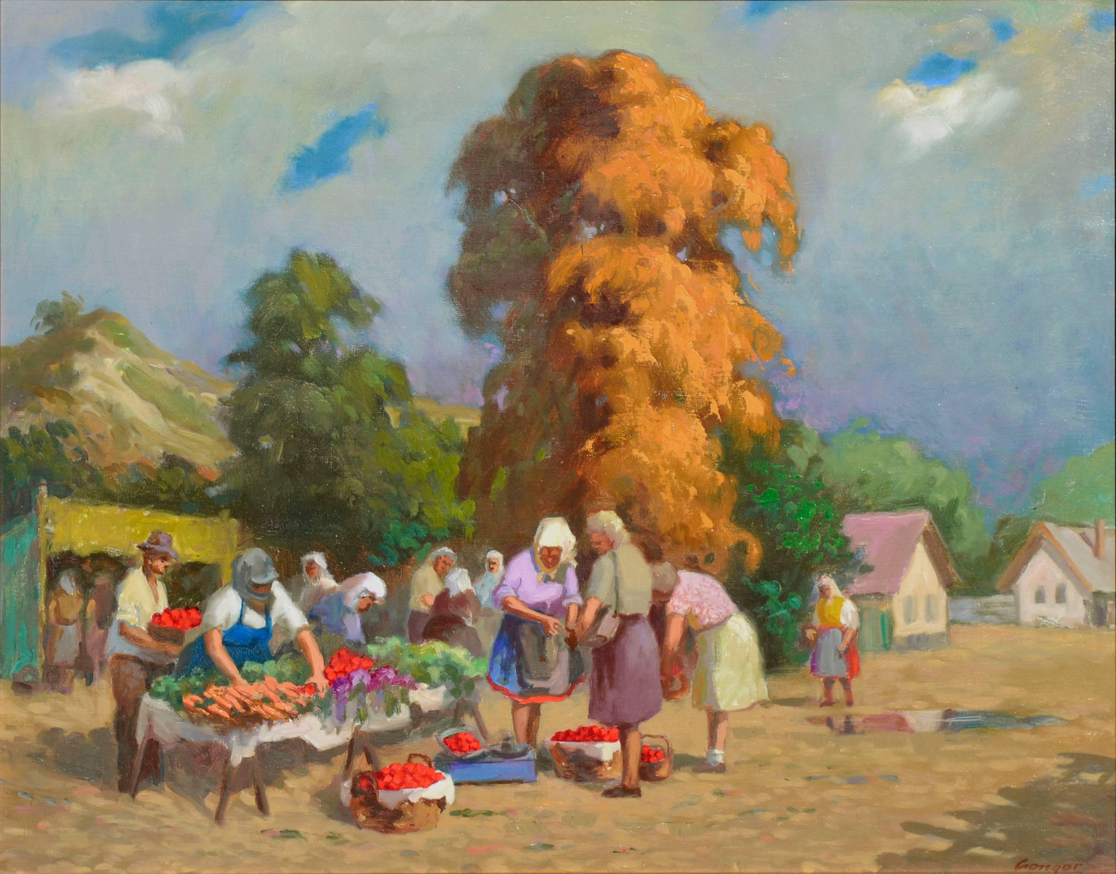 Silesia Farm Stand - Polish Figurative Landscape  - Painting by Gongor