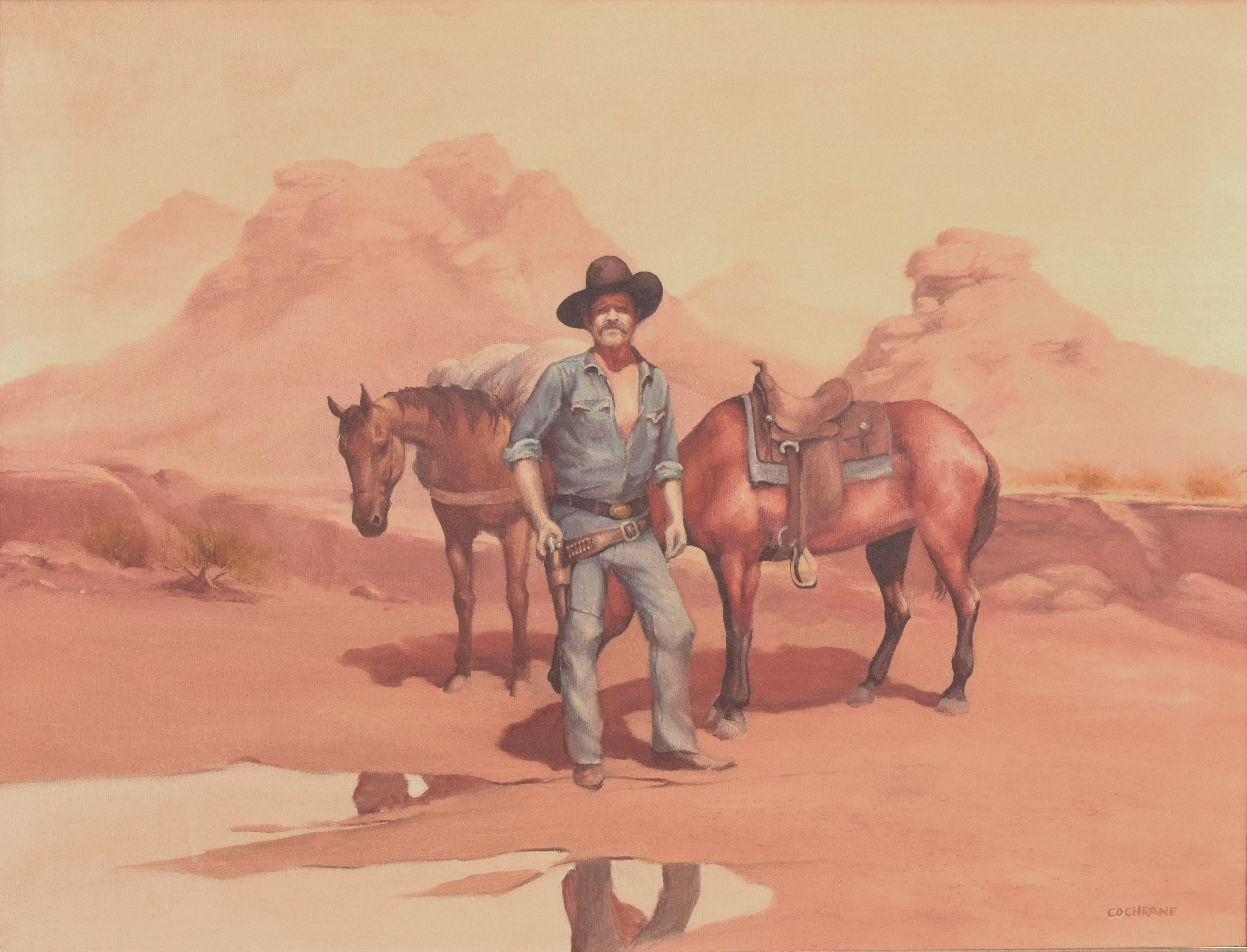 The Warning - Paysage figuratif de cow-boy de l'Ouest américain du milieu du siècle dernier  - Painting de Charles Cochrane