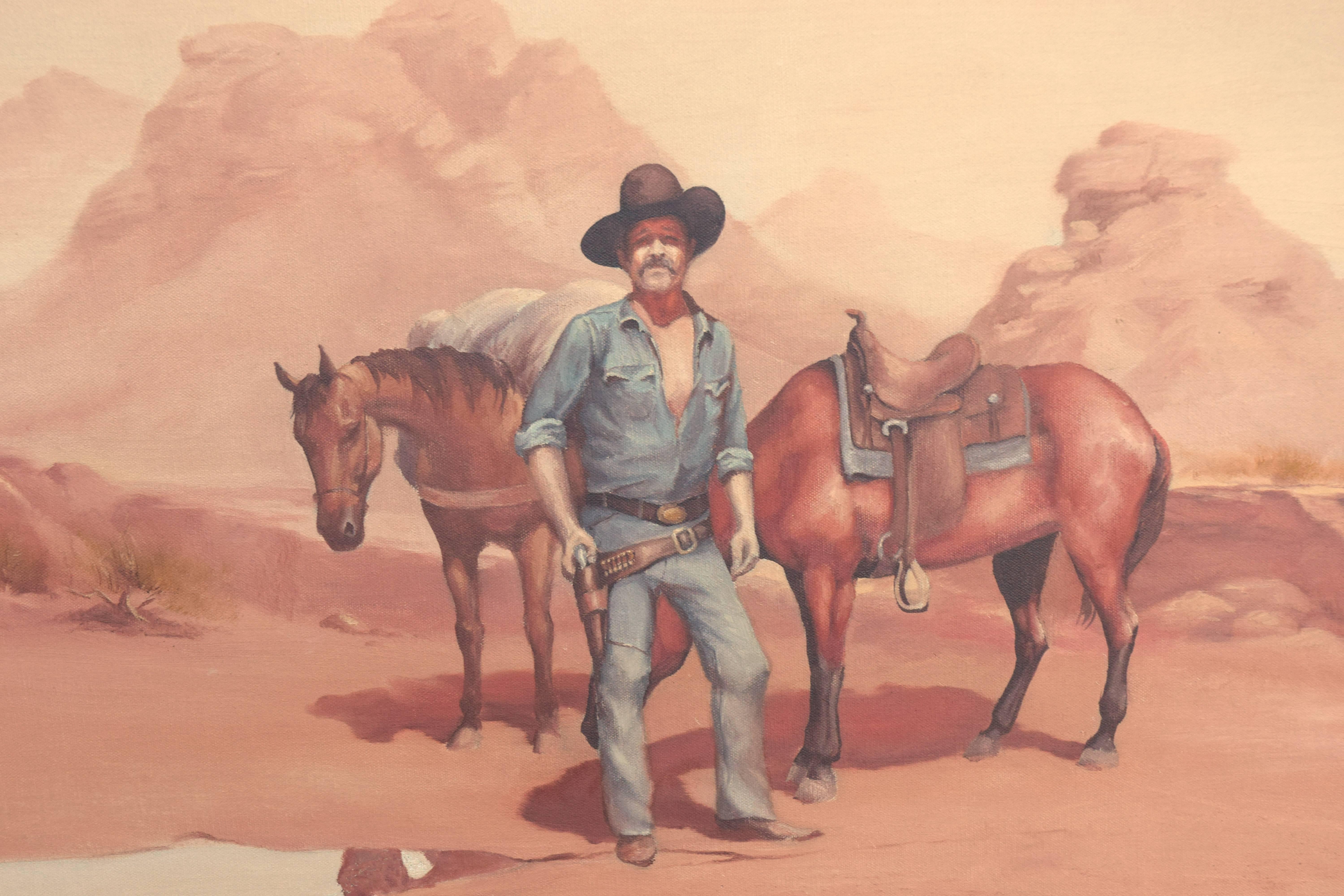 The Warning - Paysage figuratif de cow-boy de l'Ouest américain du milieu du siècle dernier  - Impressionnisme américain Painting par Charles Cochrane