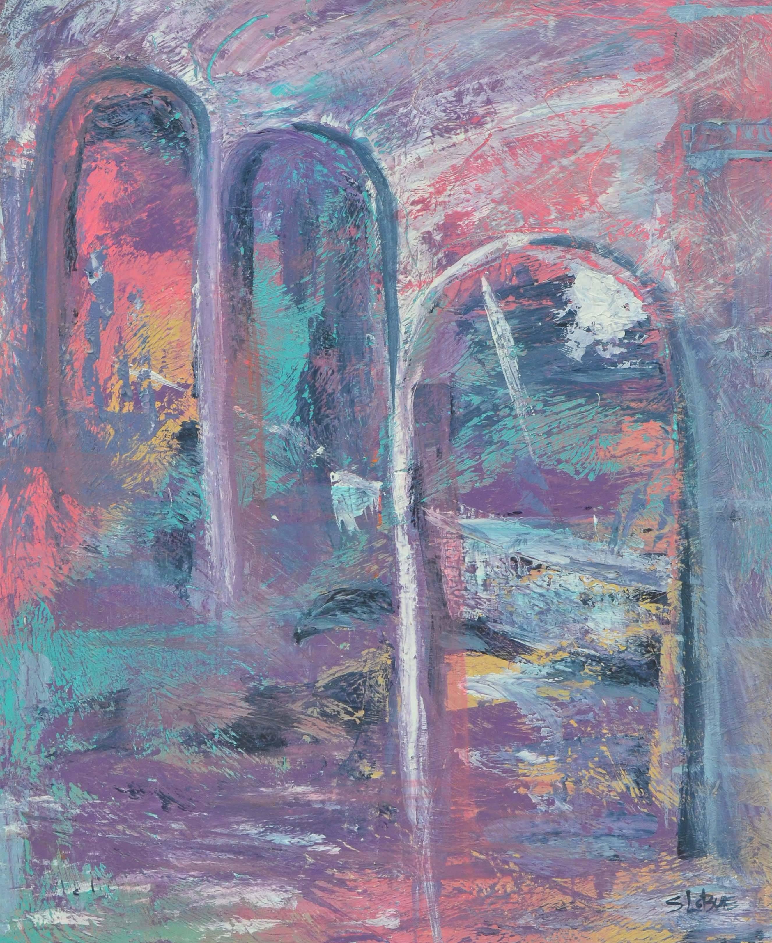 Vintage Abstract Expressionist Landscape -- Roman Aqueducts  - Painting by Sandra LoBue Erba