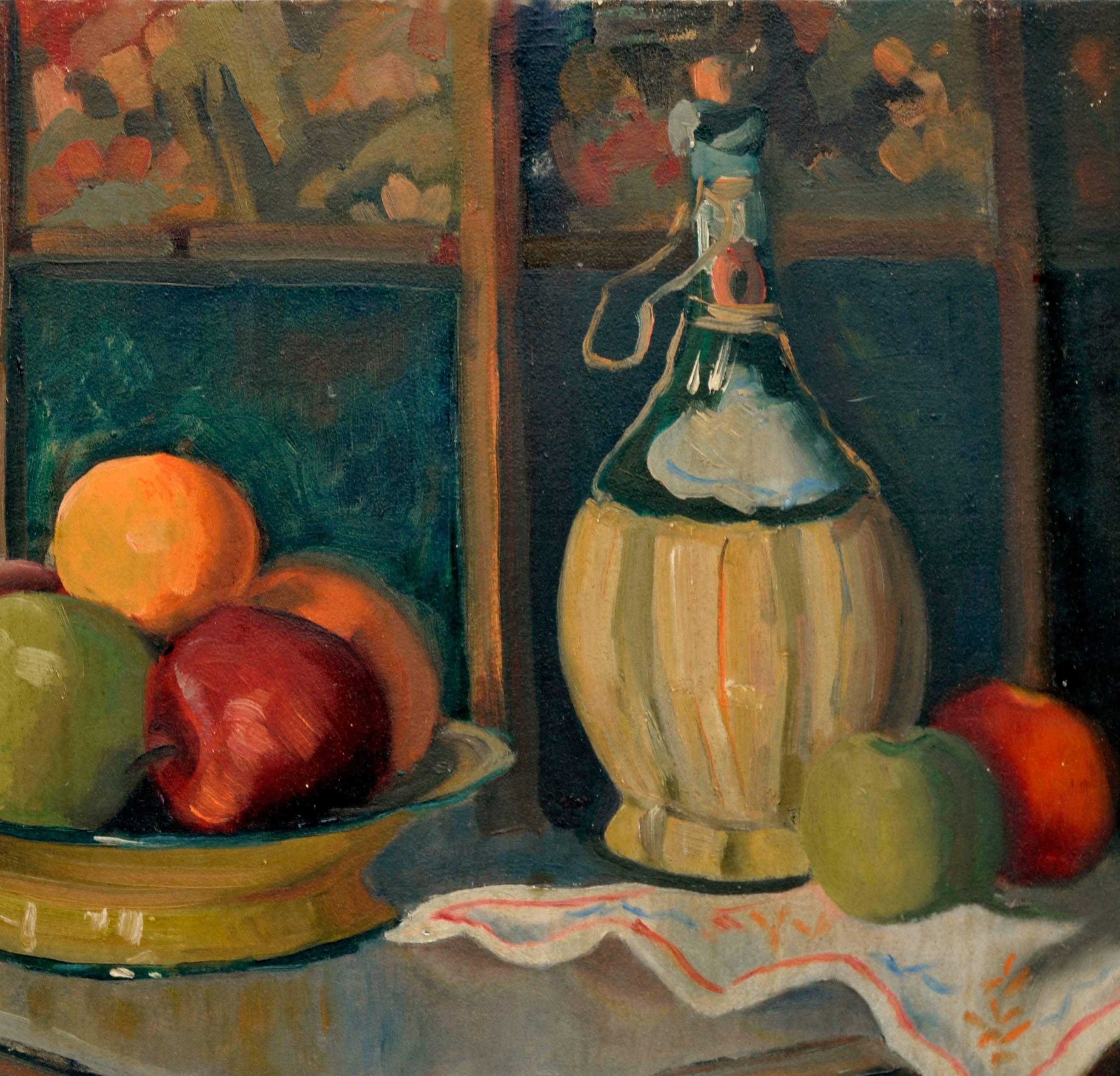 Natura morta di metà secolo con vino e frutta - Painting di Dorothy Miller