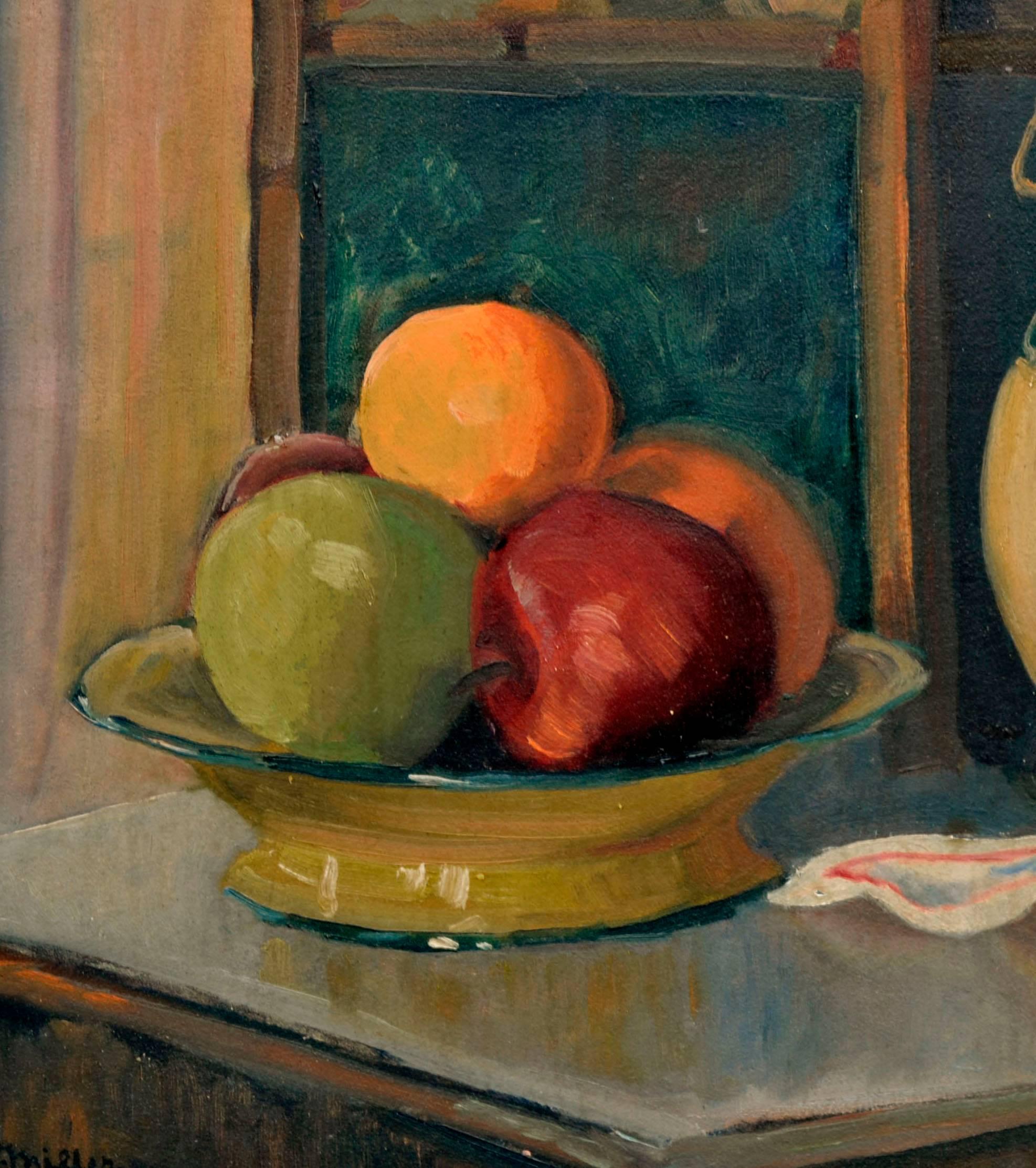 Natura morta di metà secolo con vino e frutta - Painting Impressionismo americano di Dorothy Miller