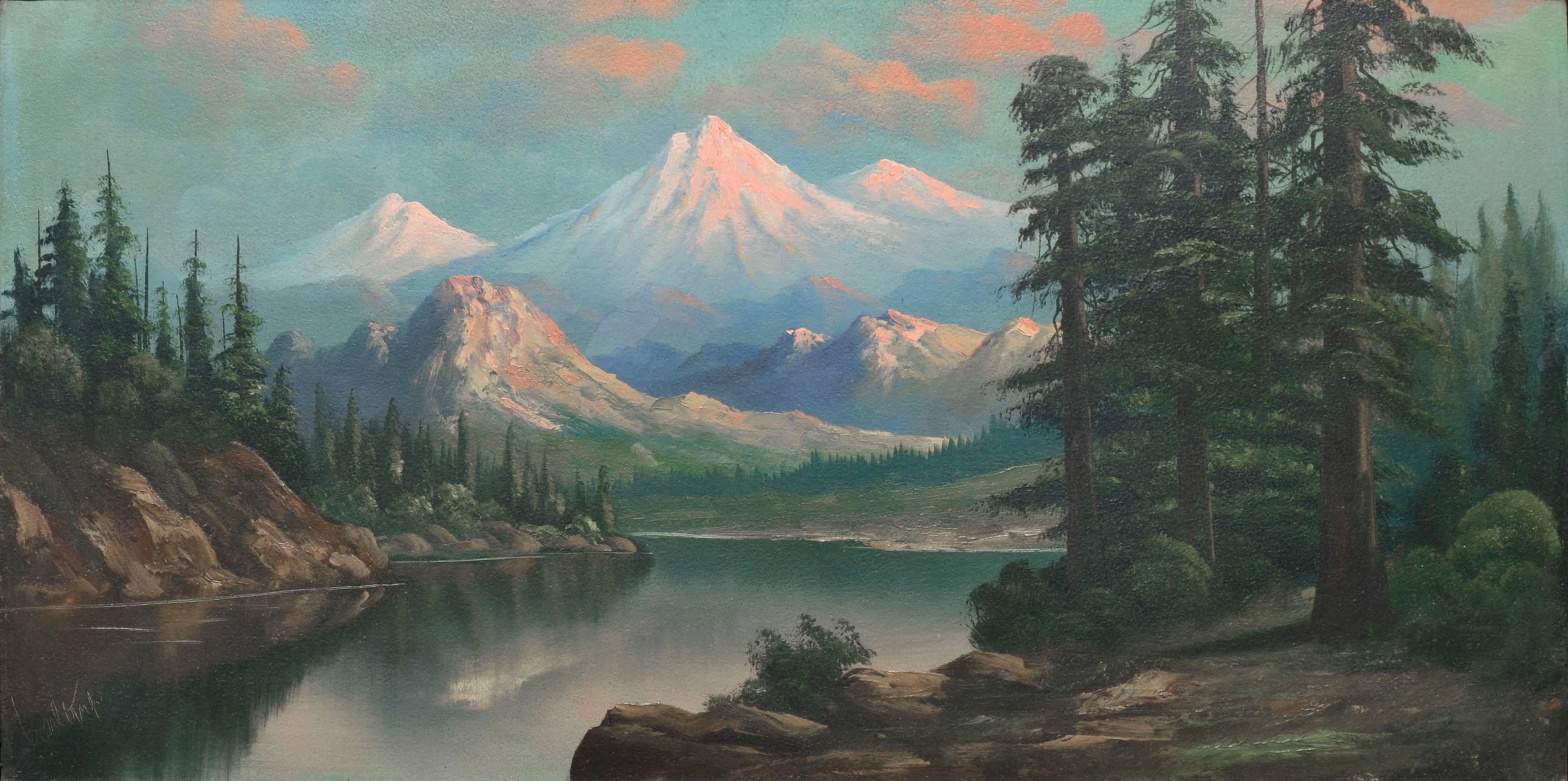 Snow Capped Mountains and Lake - Mt. Hood Oregon Landscape  - Painting by John Coultrup