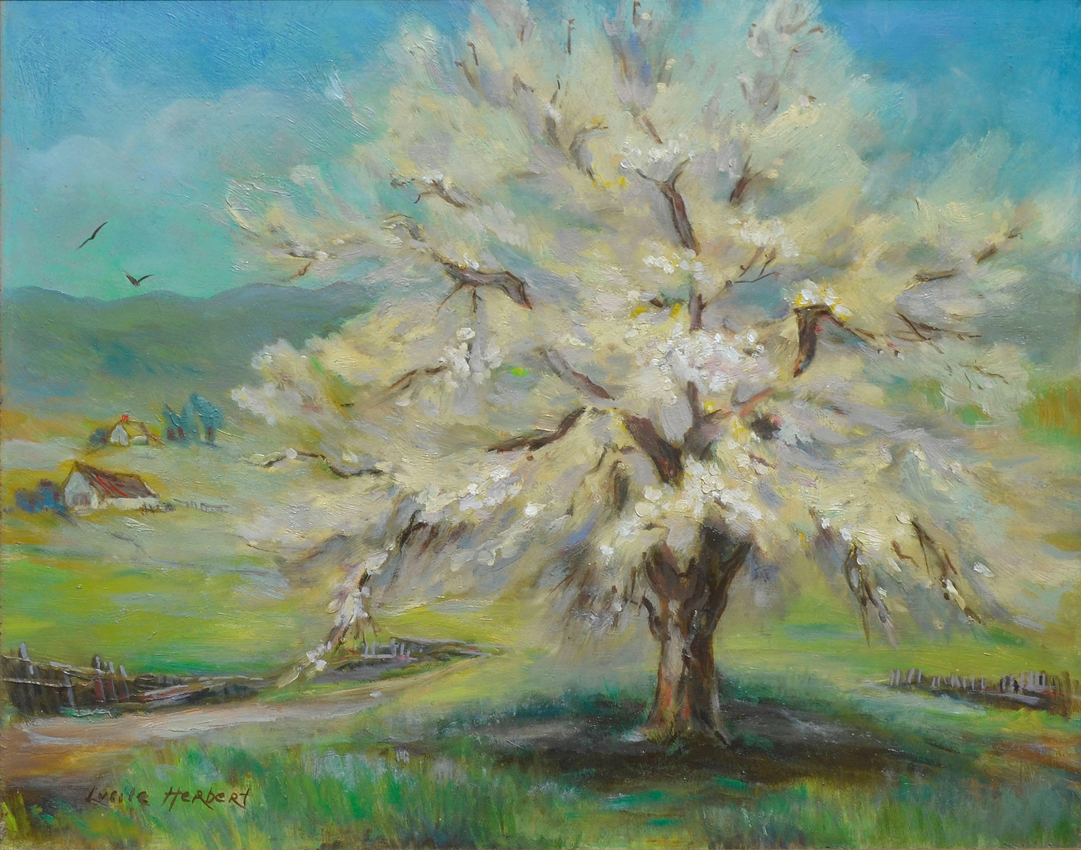 Frühlingsrosa Apricotbaum in Blüte – Landschaft aus der Mitte des Jahrhunderts  – Painting von Lucile Herbert