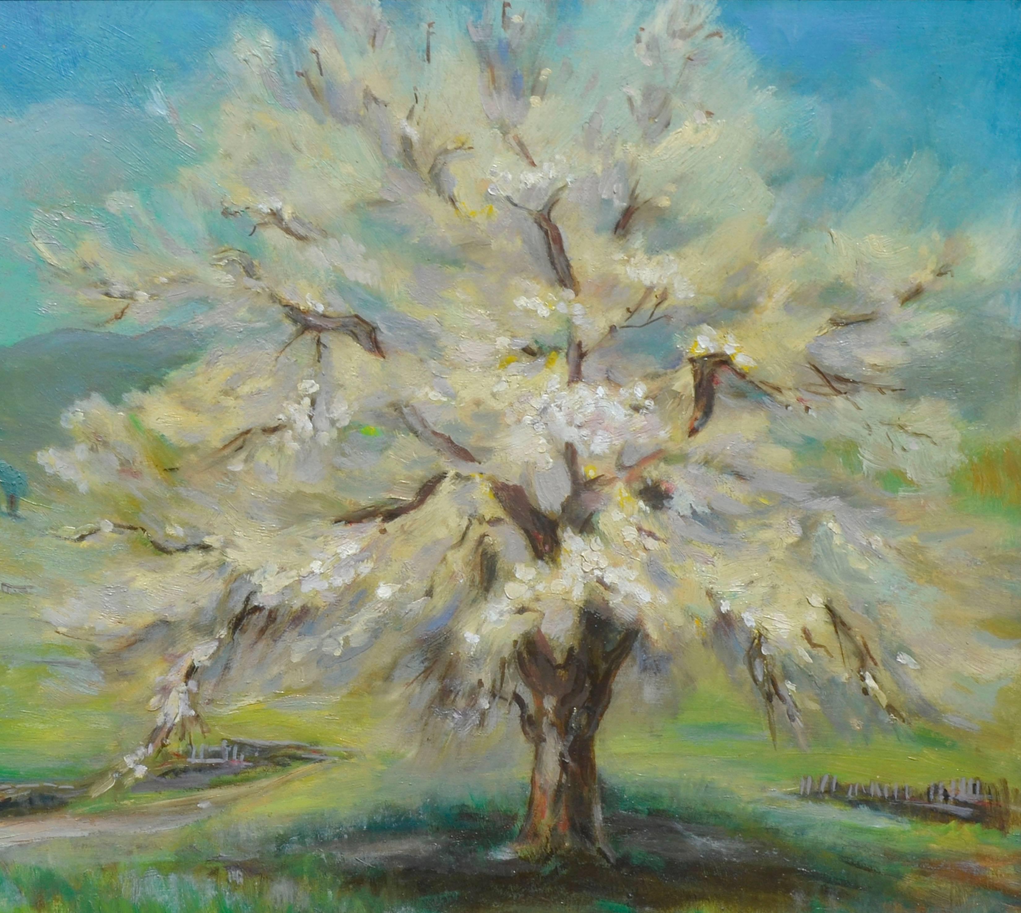 Frühlingsrosa Apricotbaum in Blüte – Landschaft aus der Mitte des Jahrhunderts  (Amerikanischer Impressionismus), Painting, von Lucile Herbert