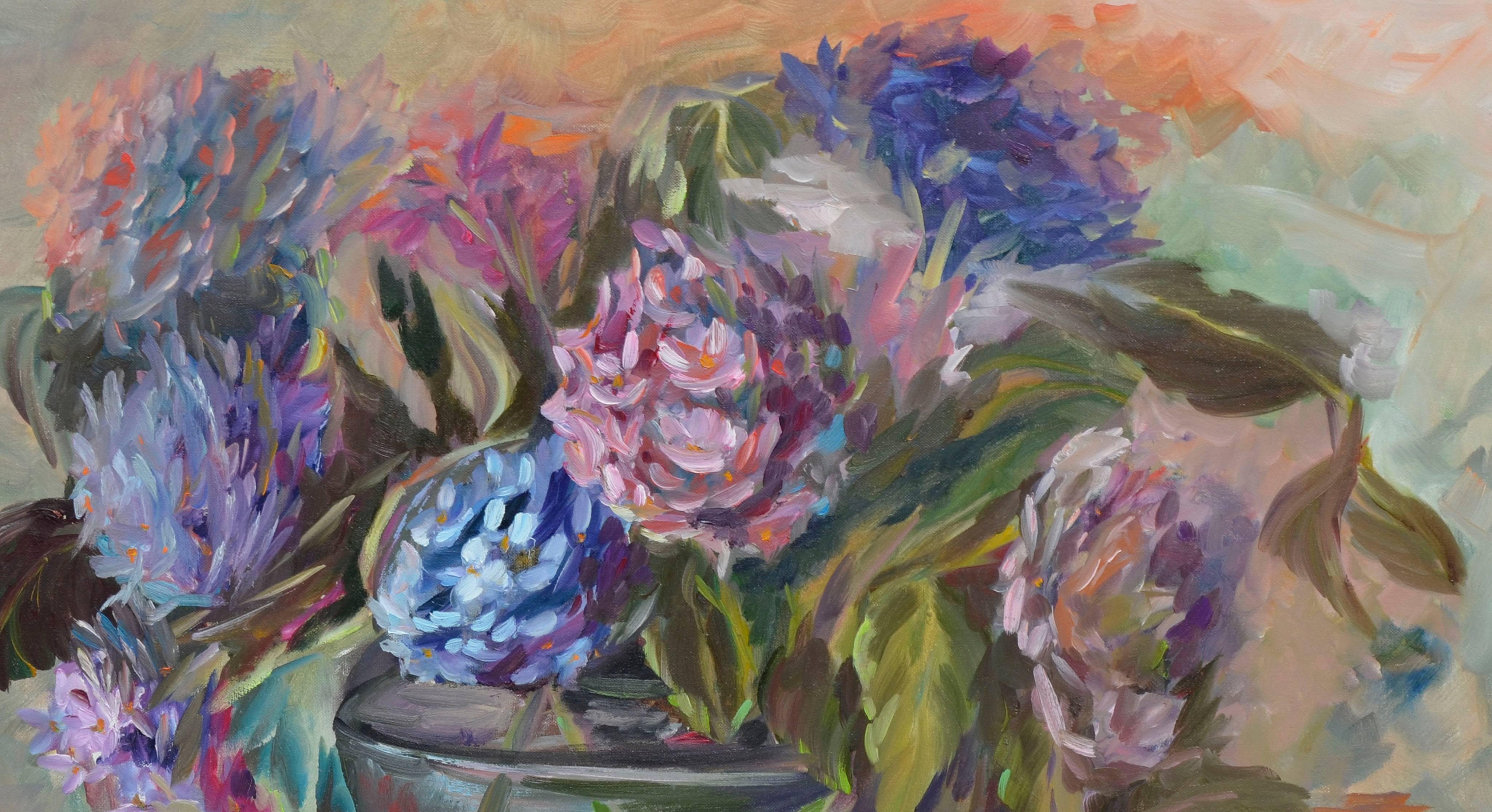 Hydrangeas, Colorful Floral Still Life  - Painting by Dorsey American