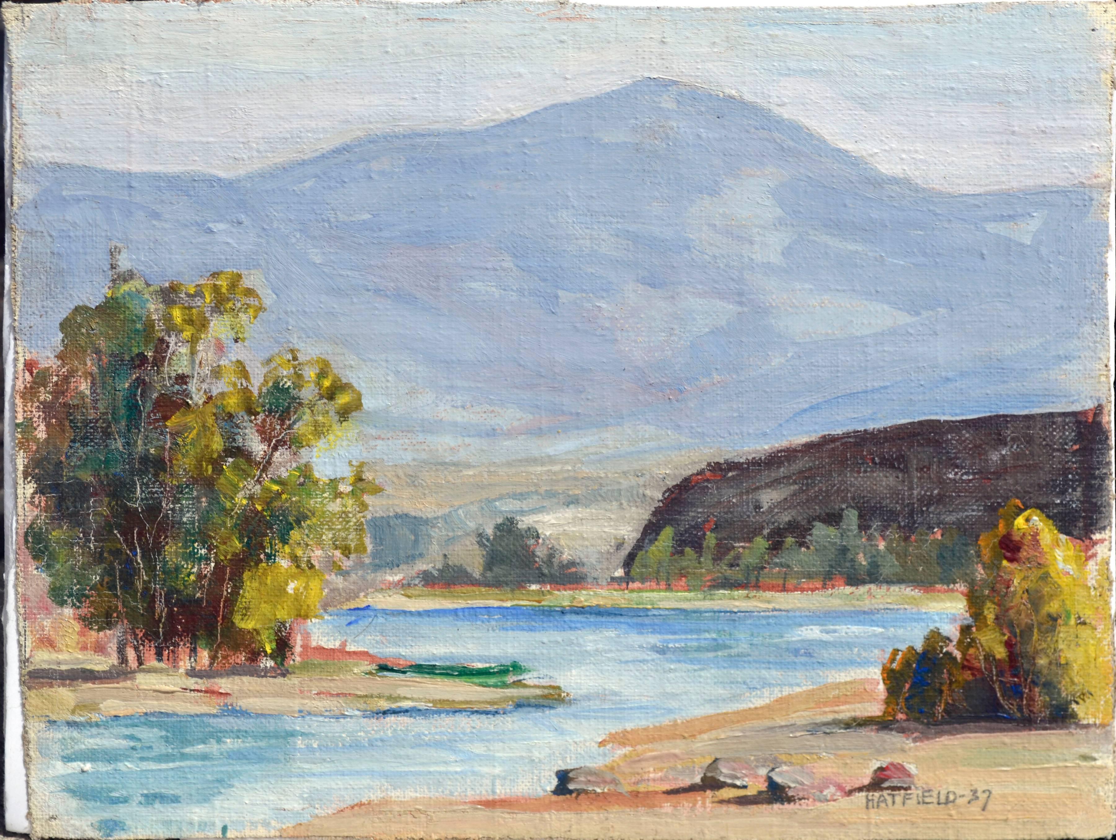 Landscape Painting de Dalzell Hatfield - Arroyo tranquilo, paisaje californiano a pequeña escala de mediados de siglo, 1937