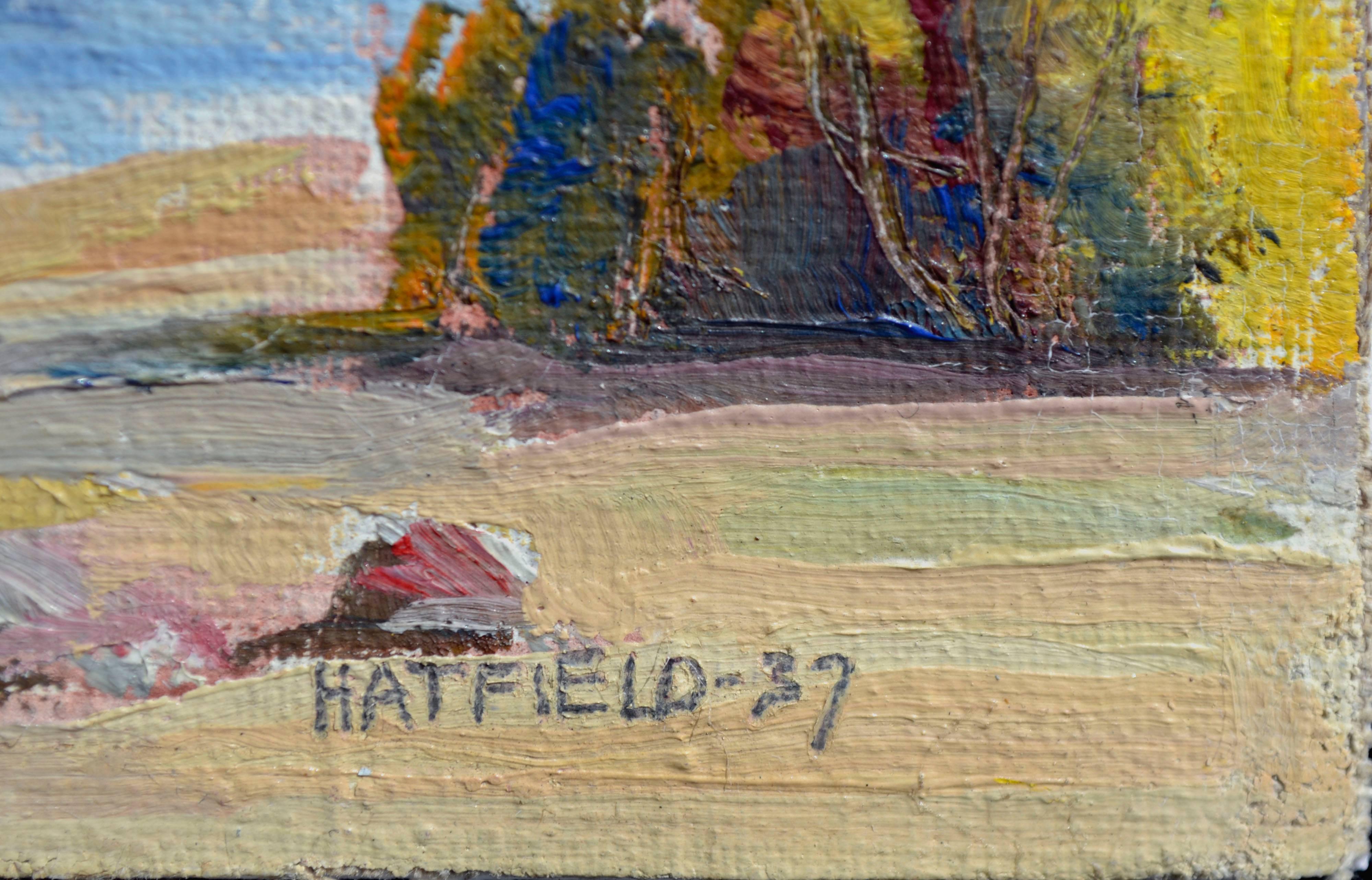 Paysage californien de petite taille Quiet Stream, paysage du milieu du siècle dernier, 1937  - Gris Landscape Painting par Dalzell Hatfield