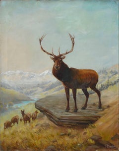 Stag in the Rockies - 1930's Mountain Landscape 