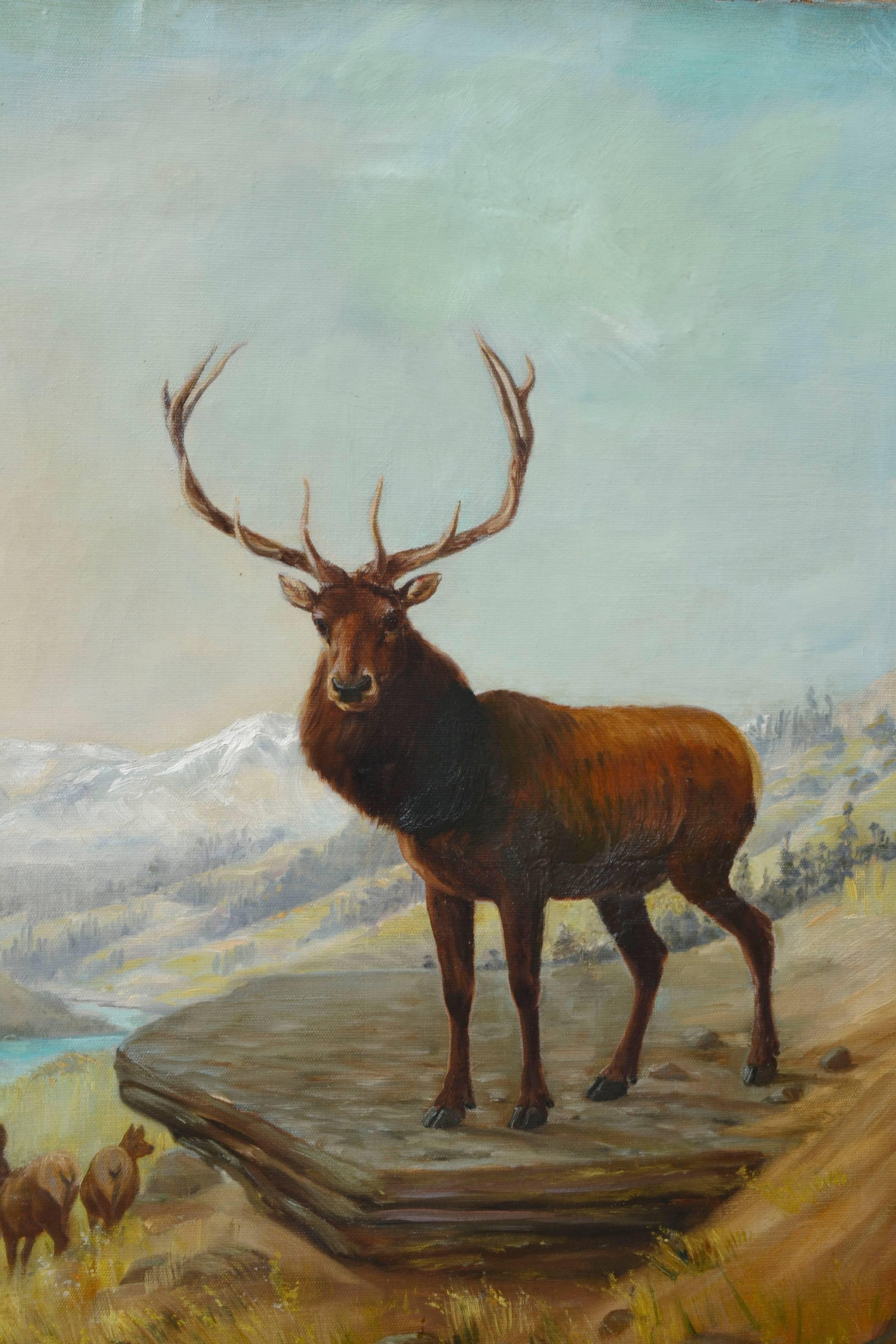 Stag in the Rockies - 1930's Mountain Landscape  - Painting by Julius Jacques Rorphuro