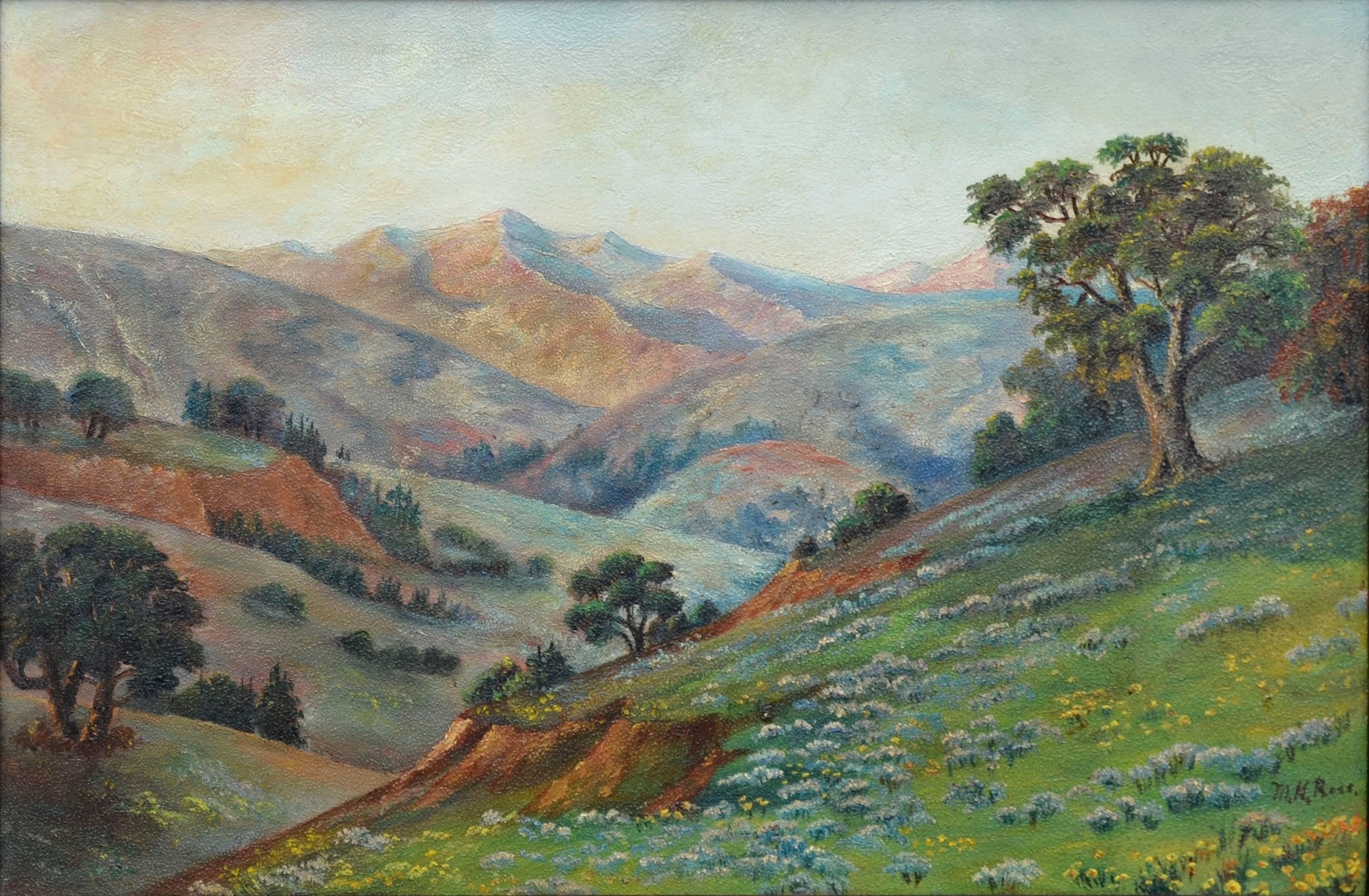 California Meadow and Mountains - Early 20th Century Landscape with Wildflowers - Painting by Mary Herrick Ross