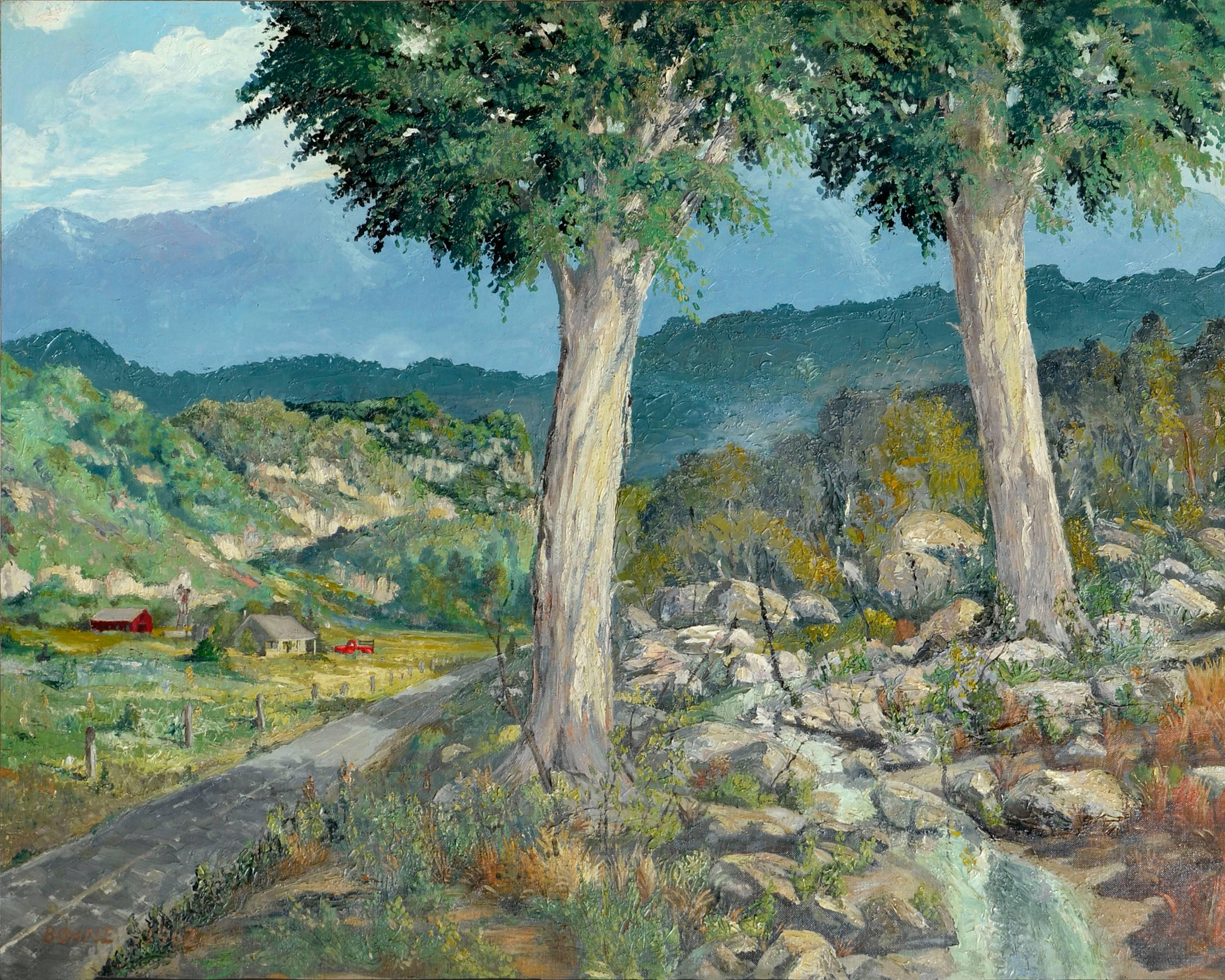 Deux arbres, route de campagne - Paysage californien du milieu du siècle dernier  - Painting de Fred O. Bohne