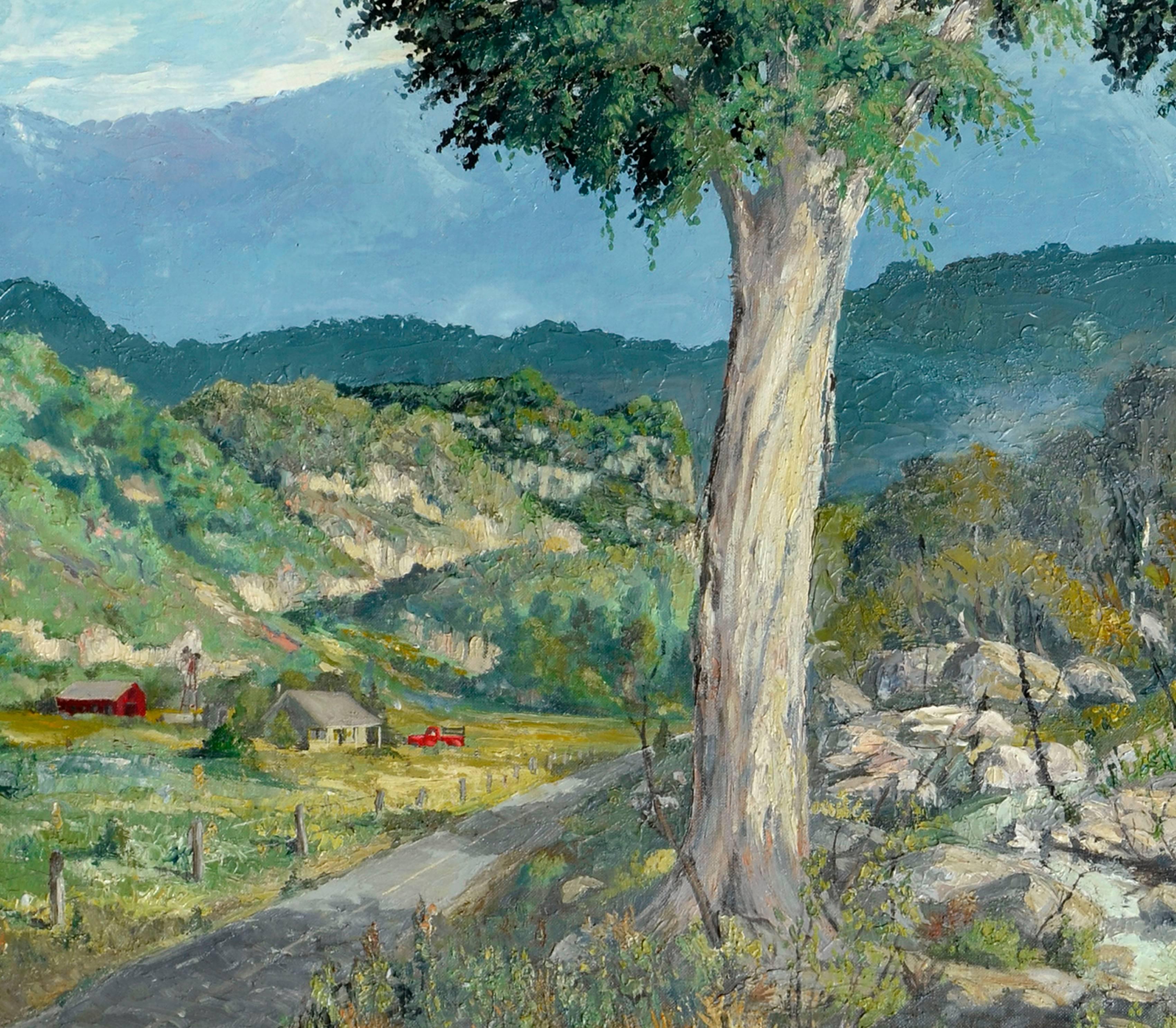 Deux arbres, route de campagne - Paysage californien du milieu du siècle dernier  - Impressionnisme américain Painting par Fred O. Bohne