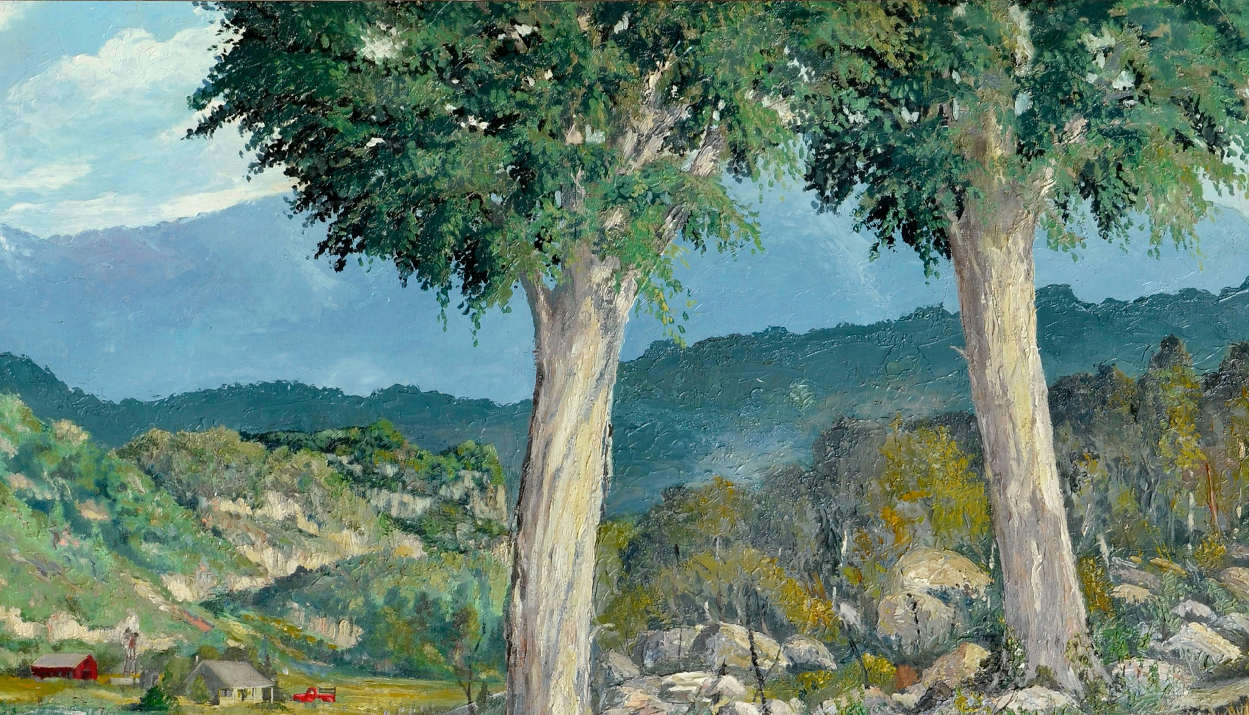 Deux arbres, route de campagne - Paysage californien du milieu du siècle dernier  - Gris Landscape Painting par Fred O. Bohne