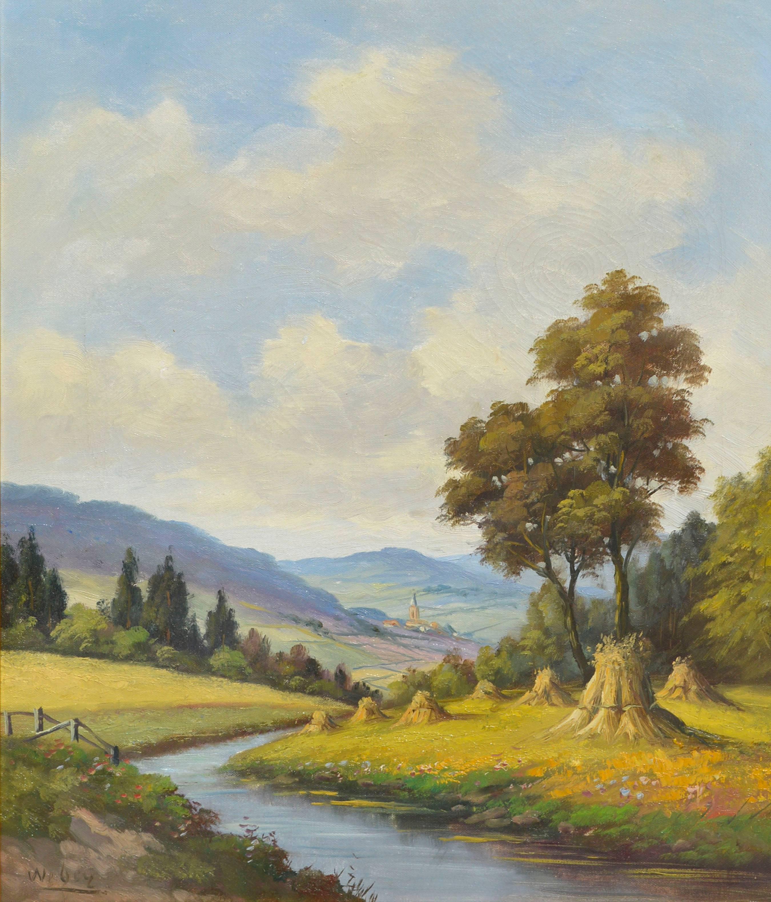 Paisaje de la cosecha del valle del Danubio de mediados de siglo - Painting de Weber