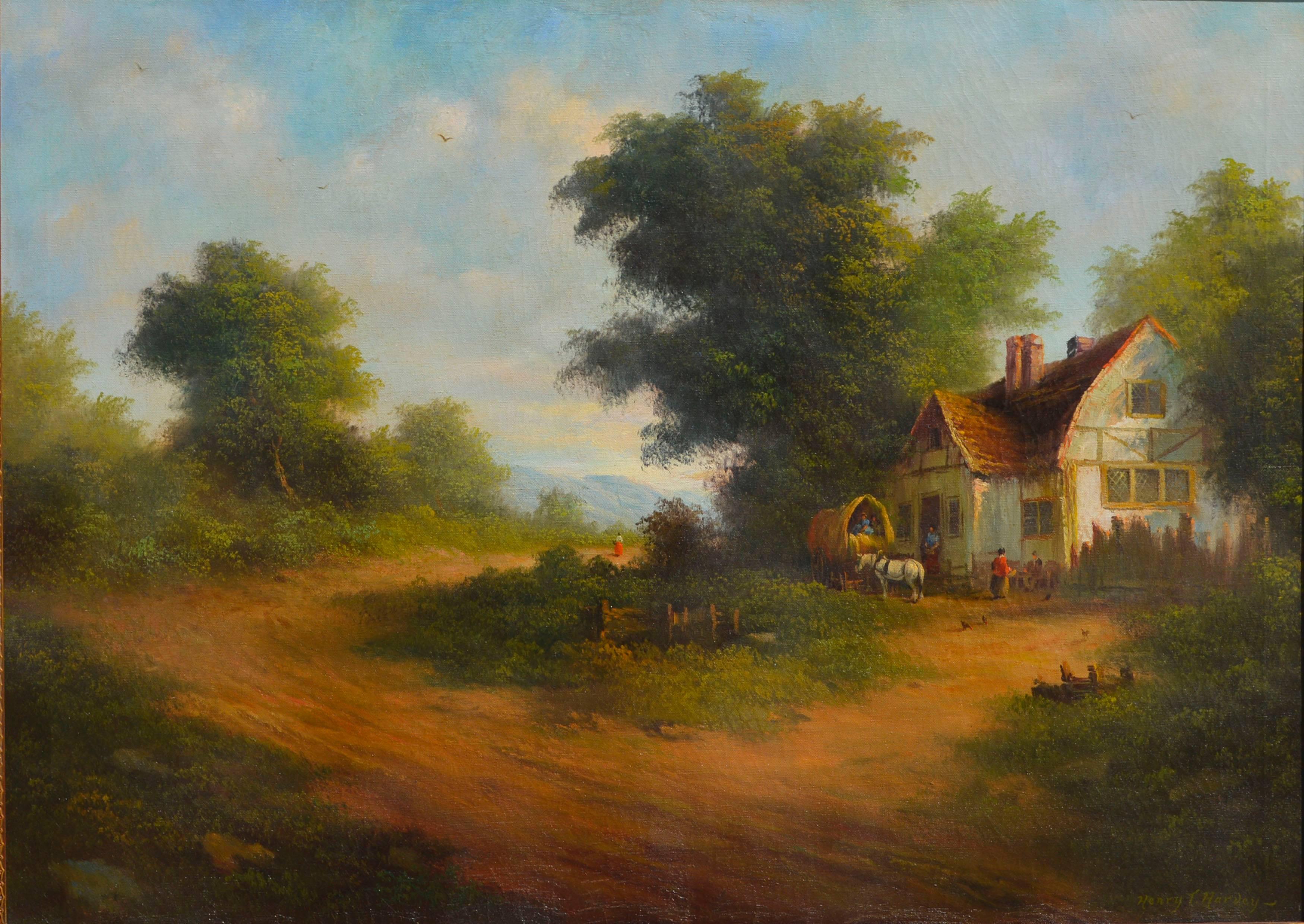 1940s English Country Cottage Landscape - Painting by Henry T. Harvey