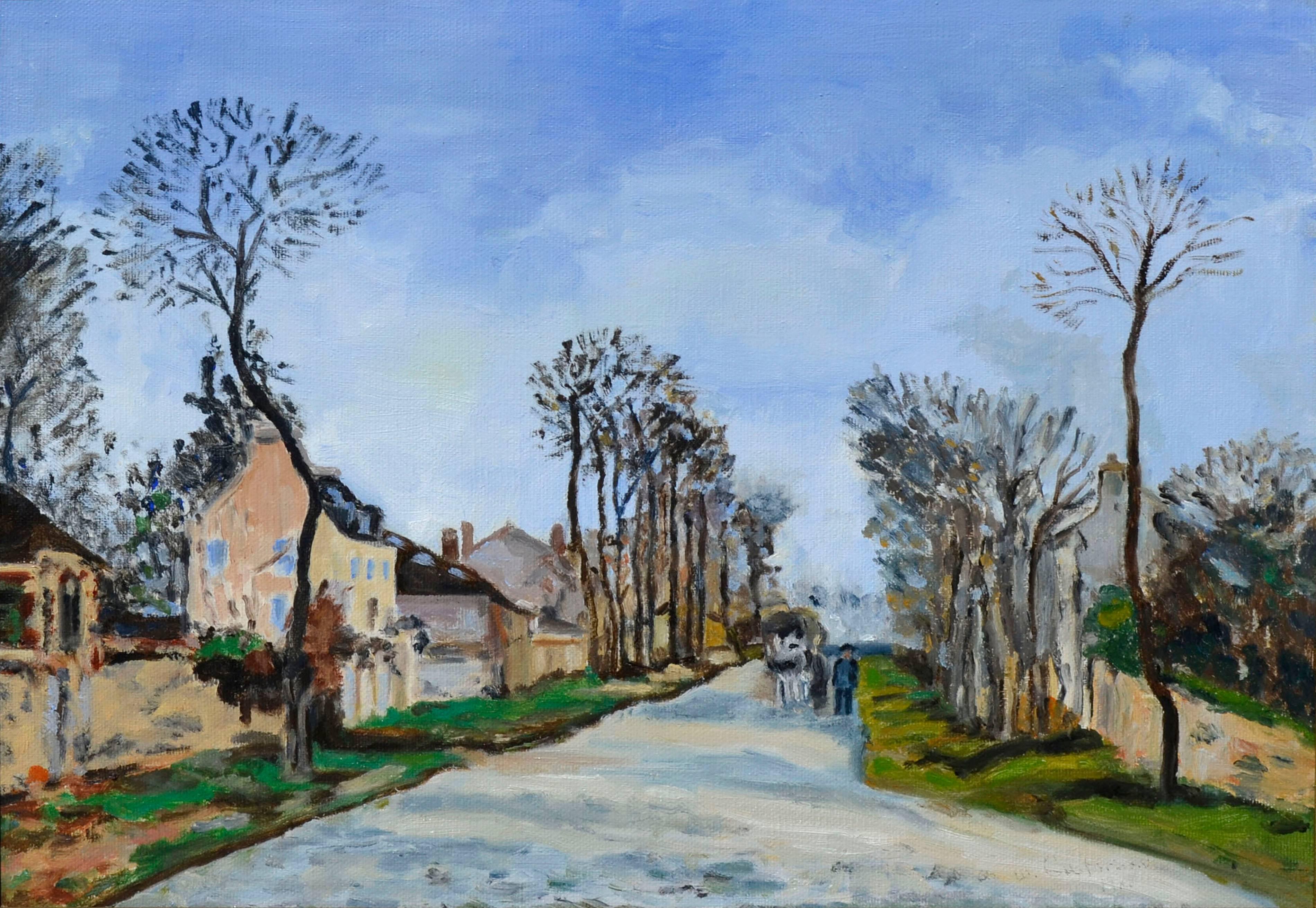 Vintage-Figurative Landschaftsstraße durch das Dorf – Painting von Gustafson