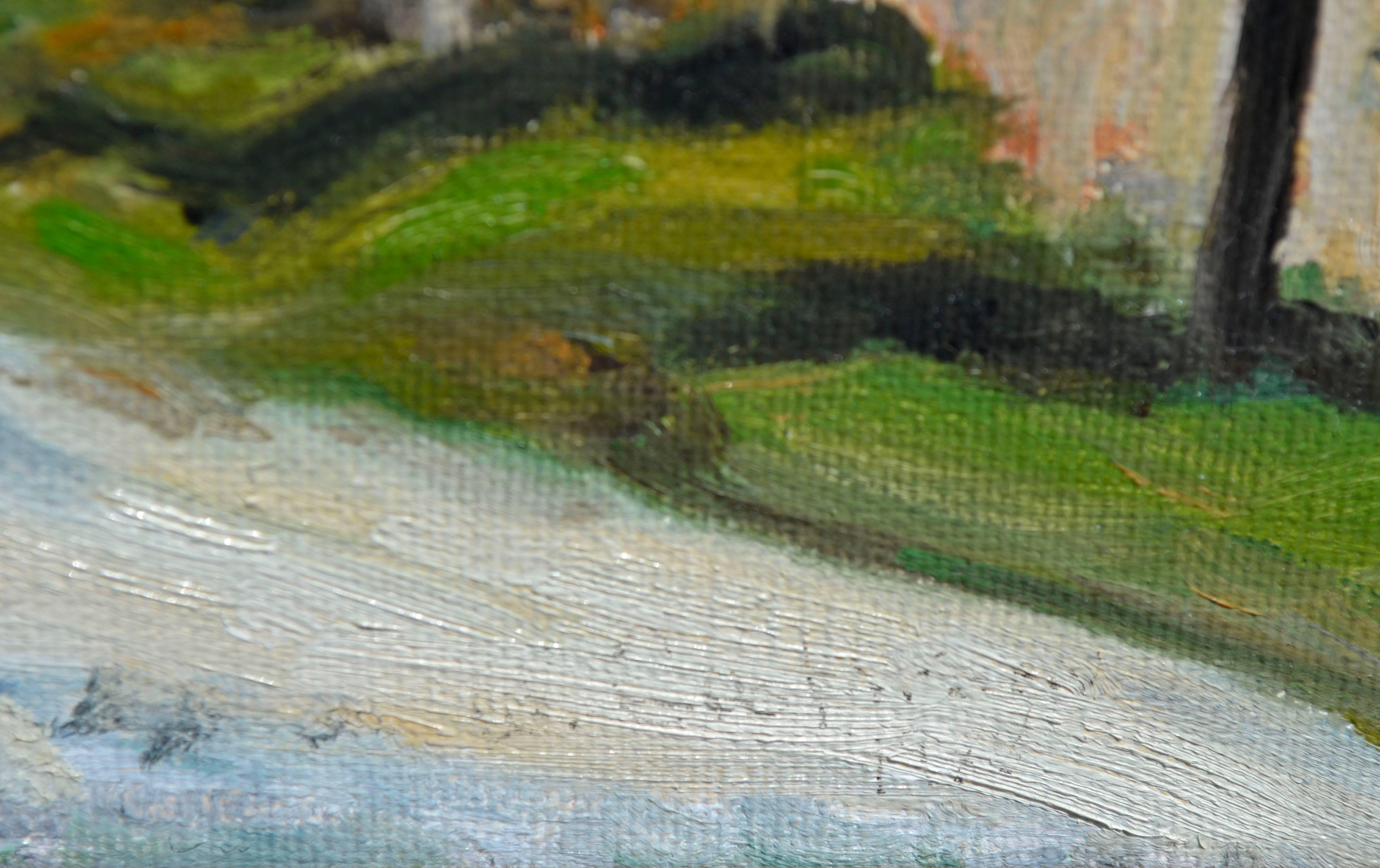 Vintage-Figurative Landschaftsstraße durch das Dorf (Grau), Landscape Painting, von Gustafson