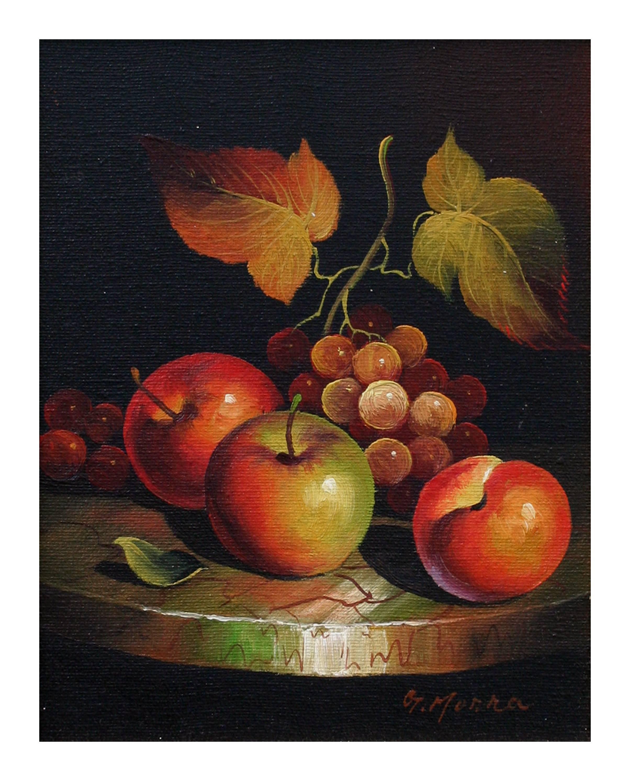 Mid Century Autumnal Grapevine and Apple Still Life - Painting by Unknown