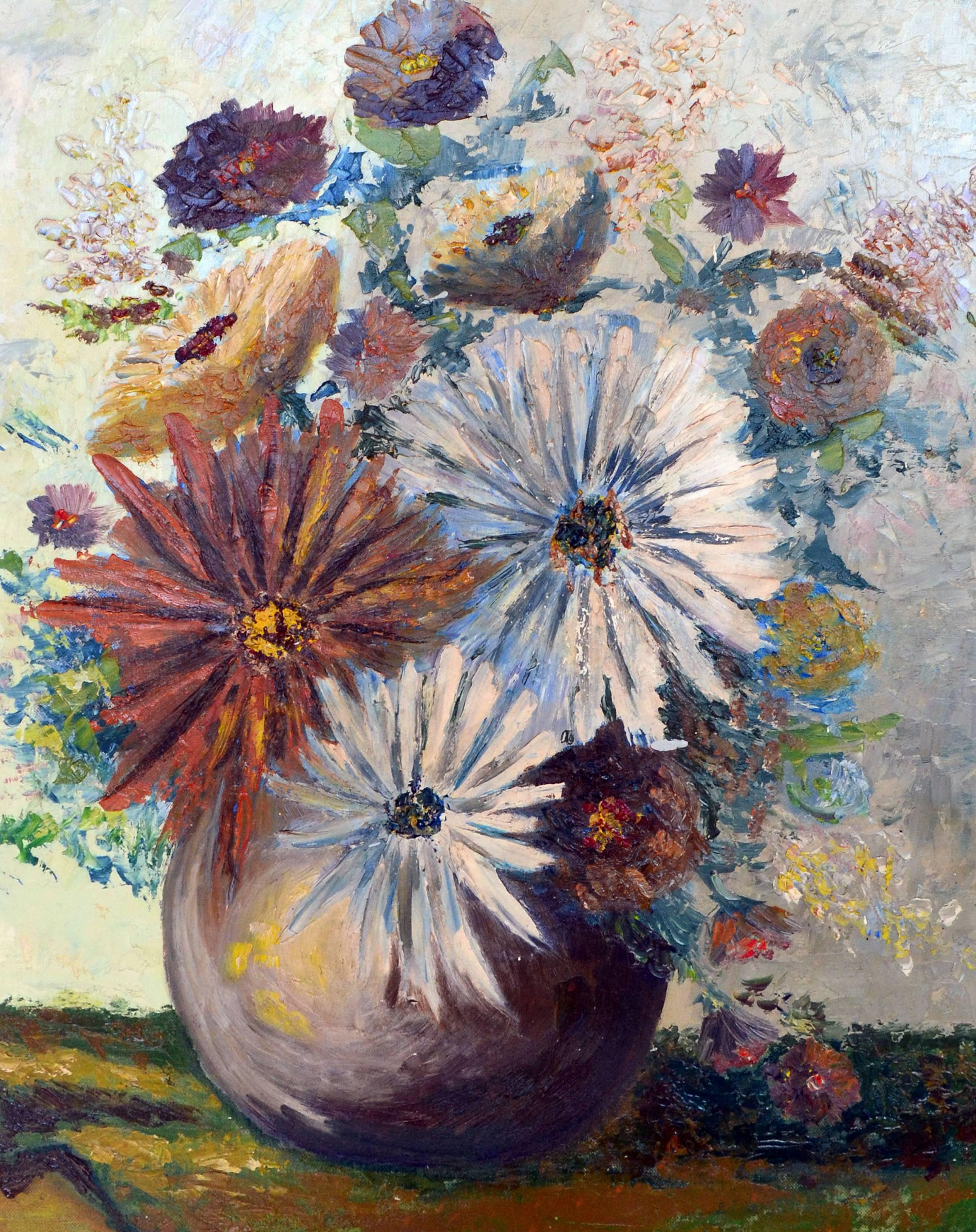 Mid Century Chrysanthemum Bouquet Still Life - Painting by Mary Ellen Little