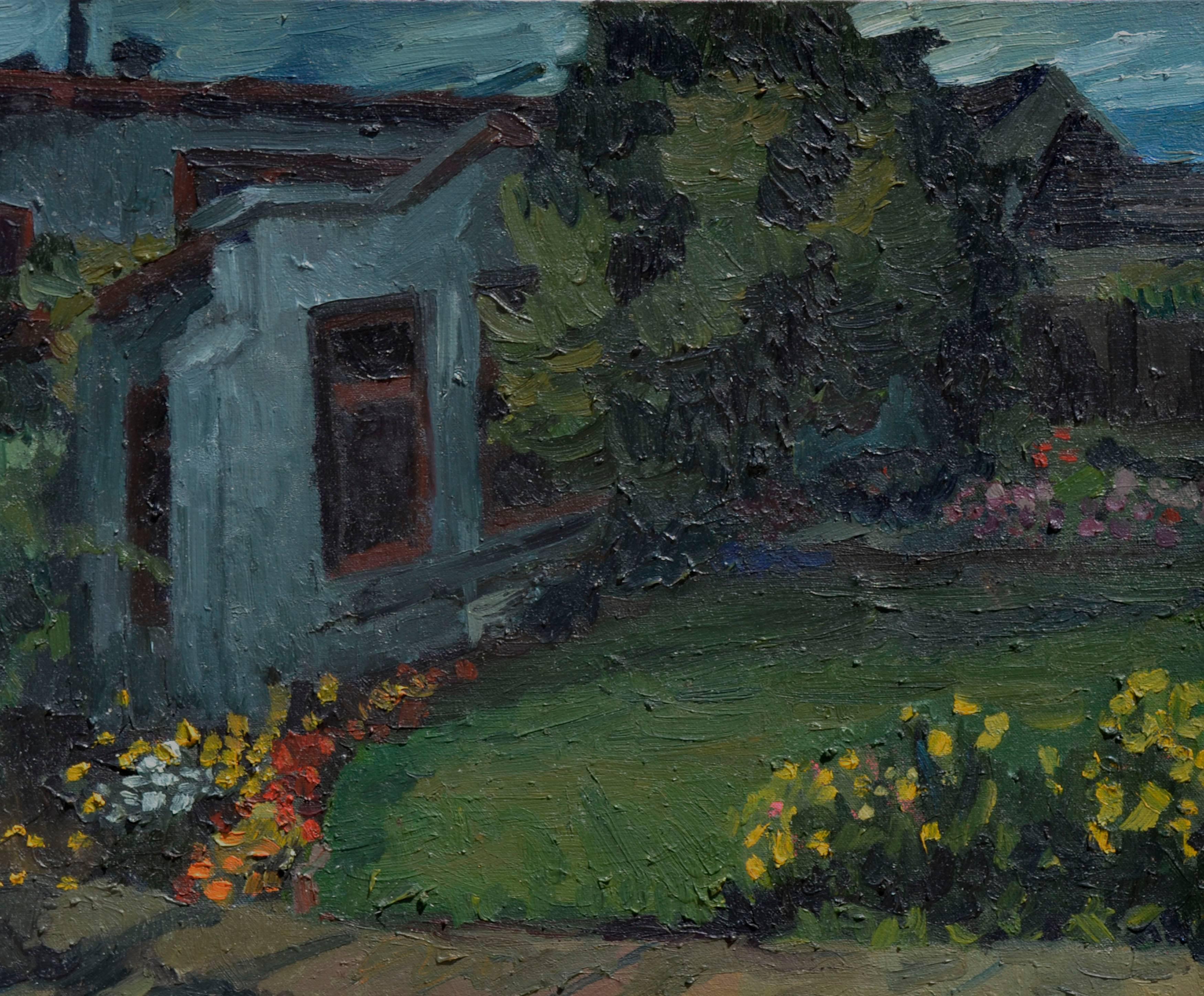Nocturnal Garden Landscape – West Side Cottage – Painting von Kristy Simmons