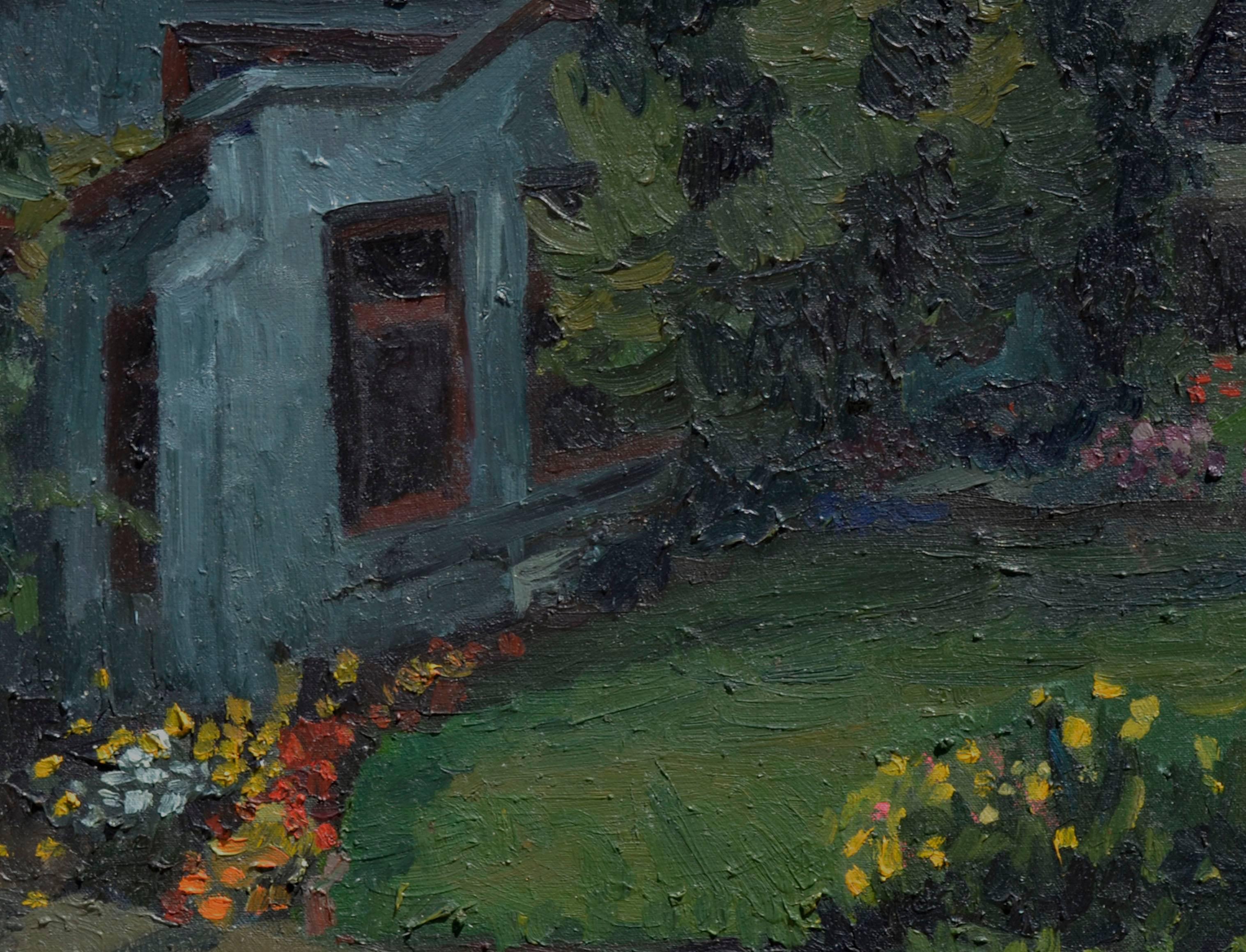 Nocturnal Garden Landscape – West Side Cottage (Amerikanischer Impressionismus), Painting, von Kristy Simmons
