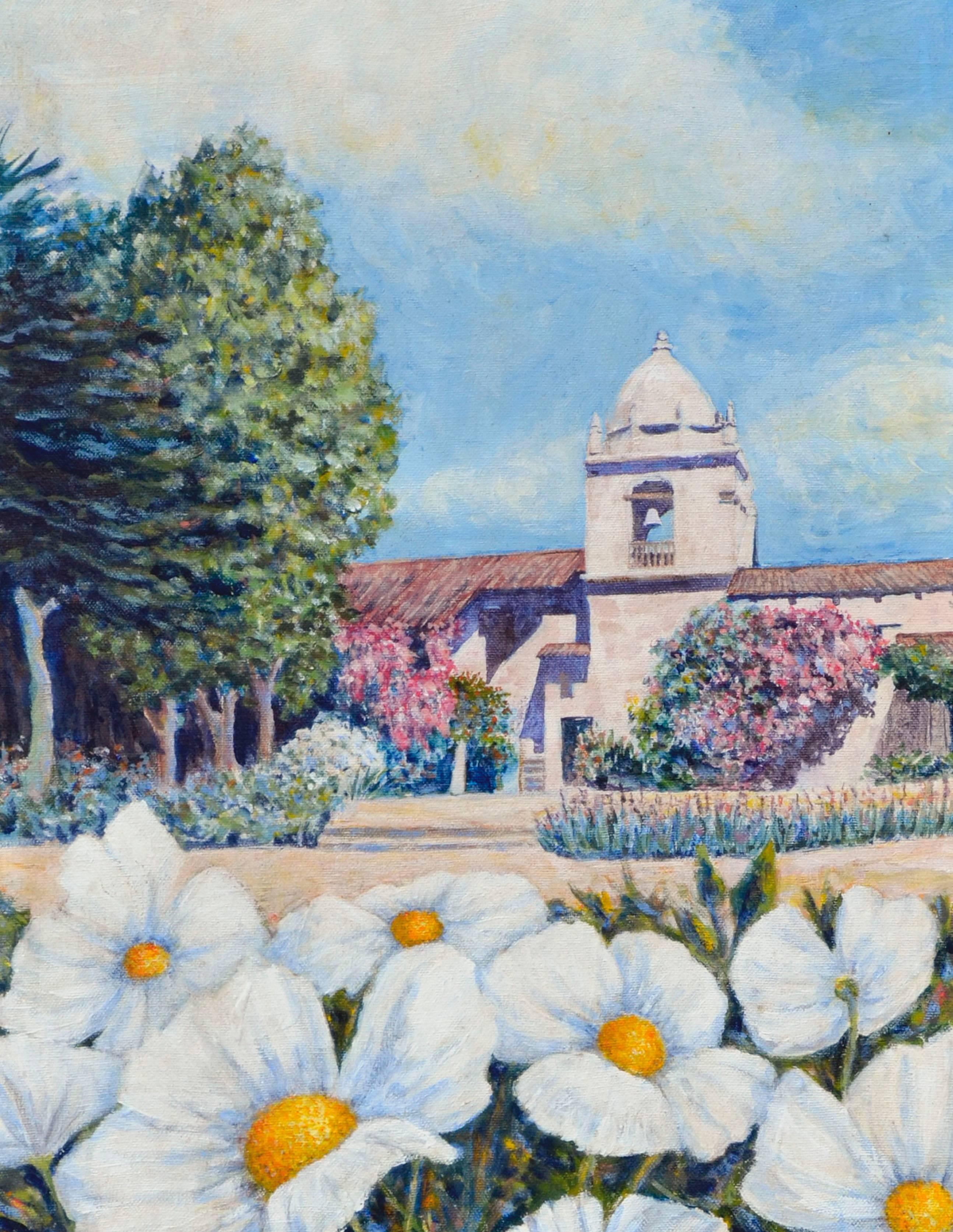 Vintage Carmel Mission Landscape with Flowers  - Painting by Virginia Francesca Fry