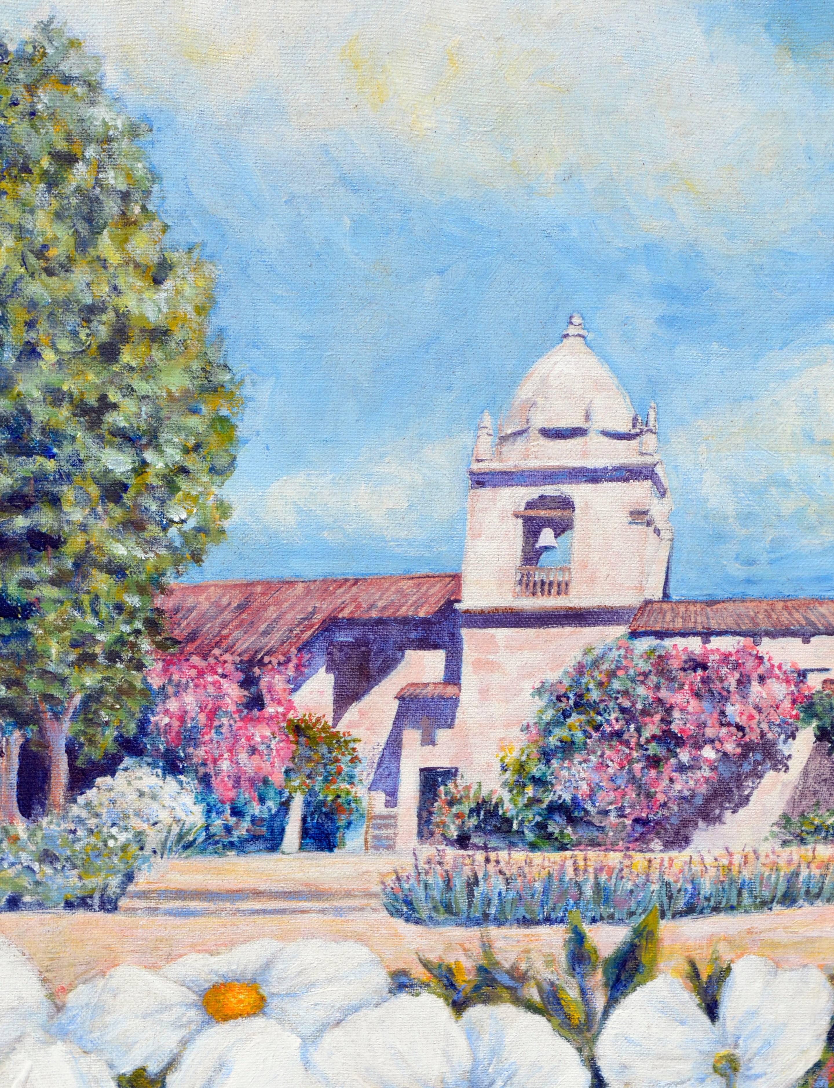 Paysage vintage Carmel Mission avec fleurs - Impressionnisme américain Painting par Virginia Francesca Fry