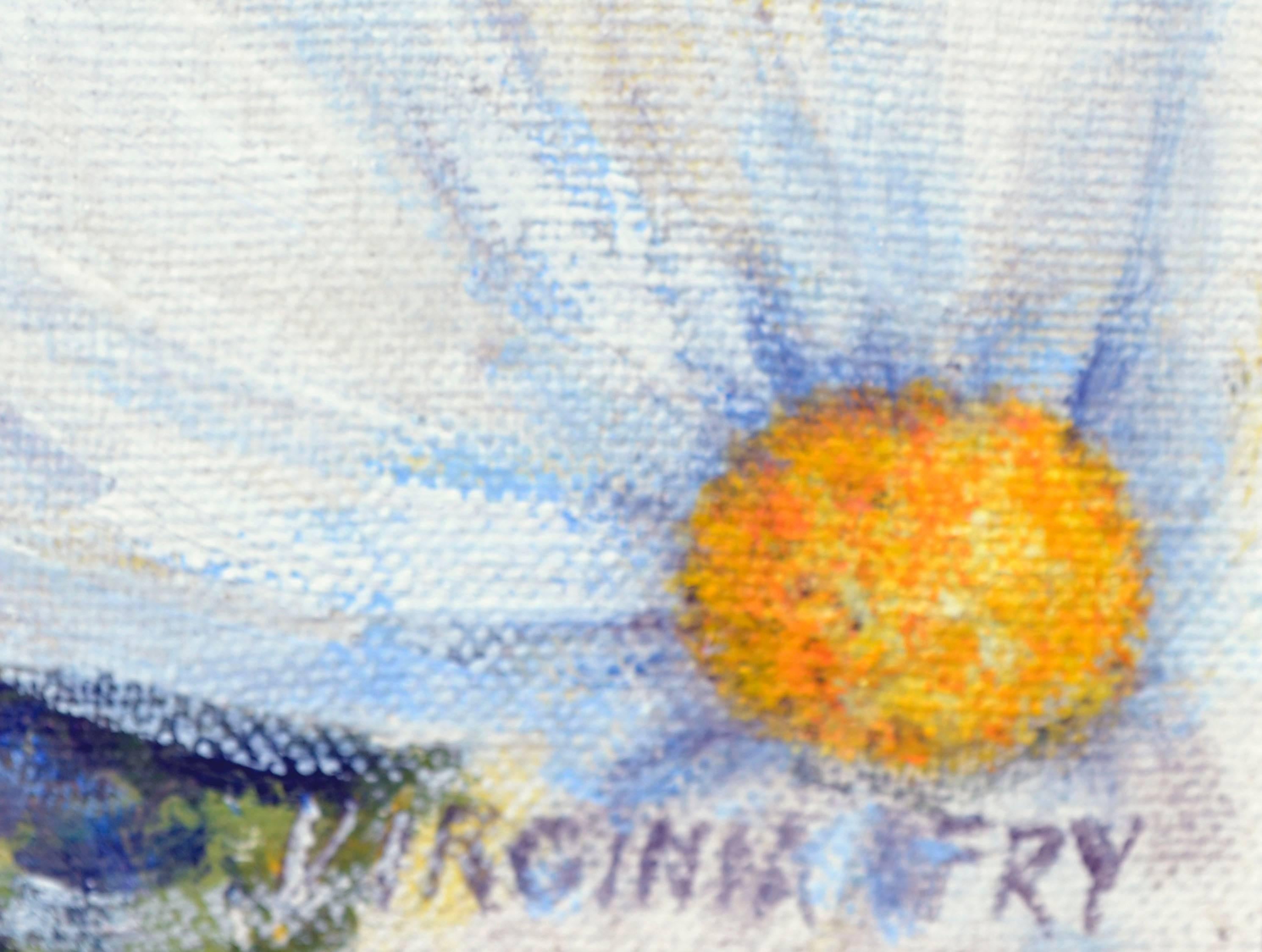 Paysage vintage Carmel Mission avec fleurs  - Gris Landscape Painting par Virginia Francesca Fry