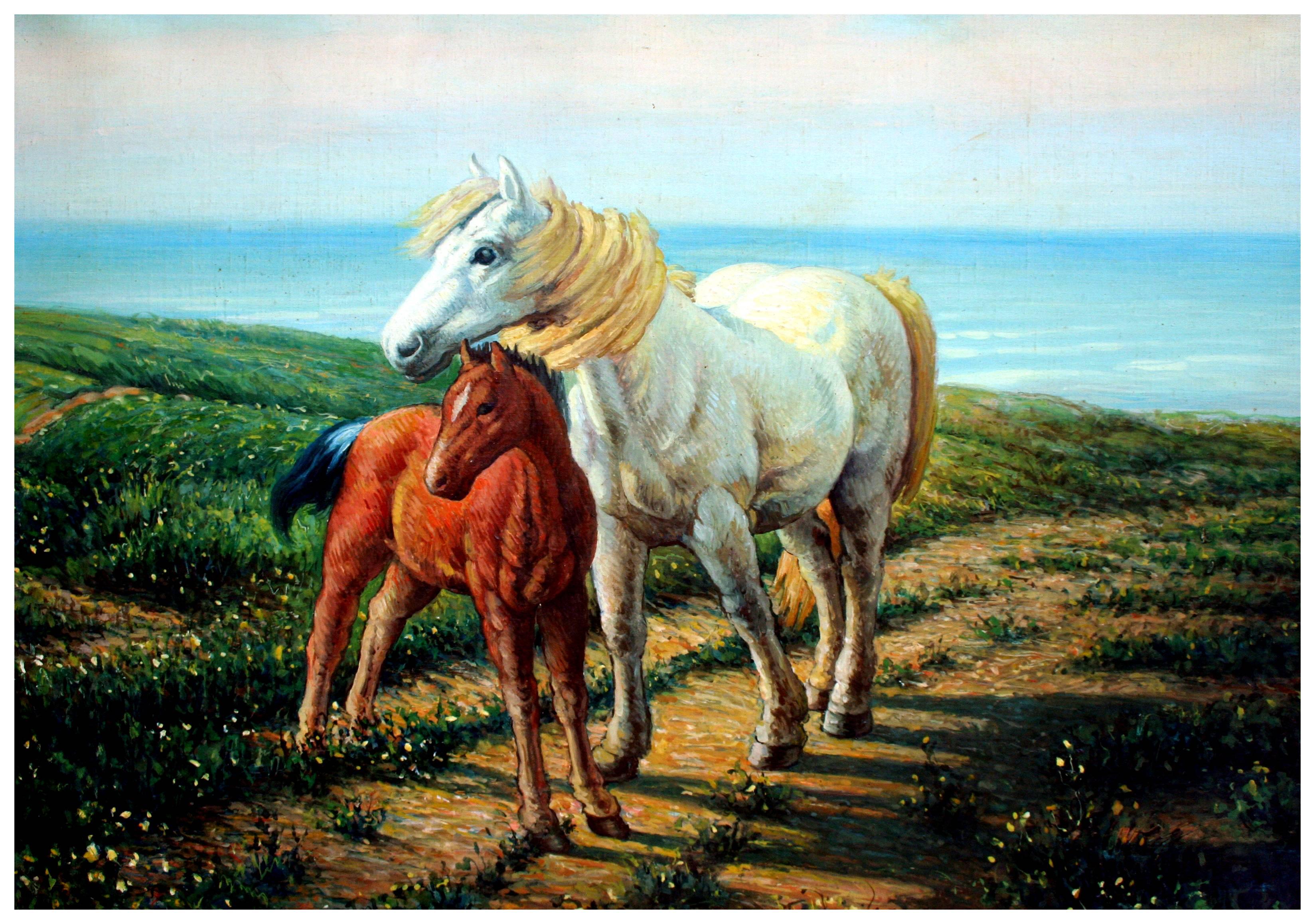 Early 20th Century Mare and Colt Figurative - Painting by Piero Tamo