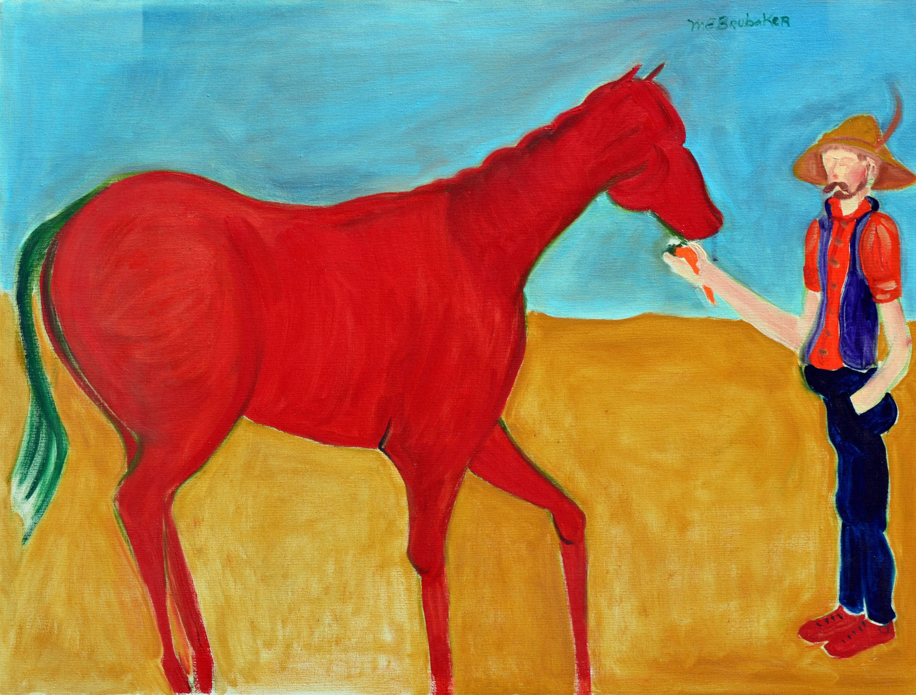 Molly E. Brubaker Abstract Painting - Red Horse & Cowboy by Molly Brubaker