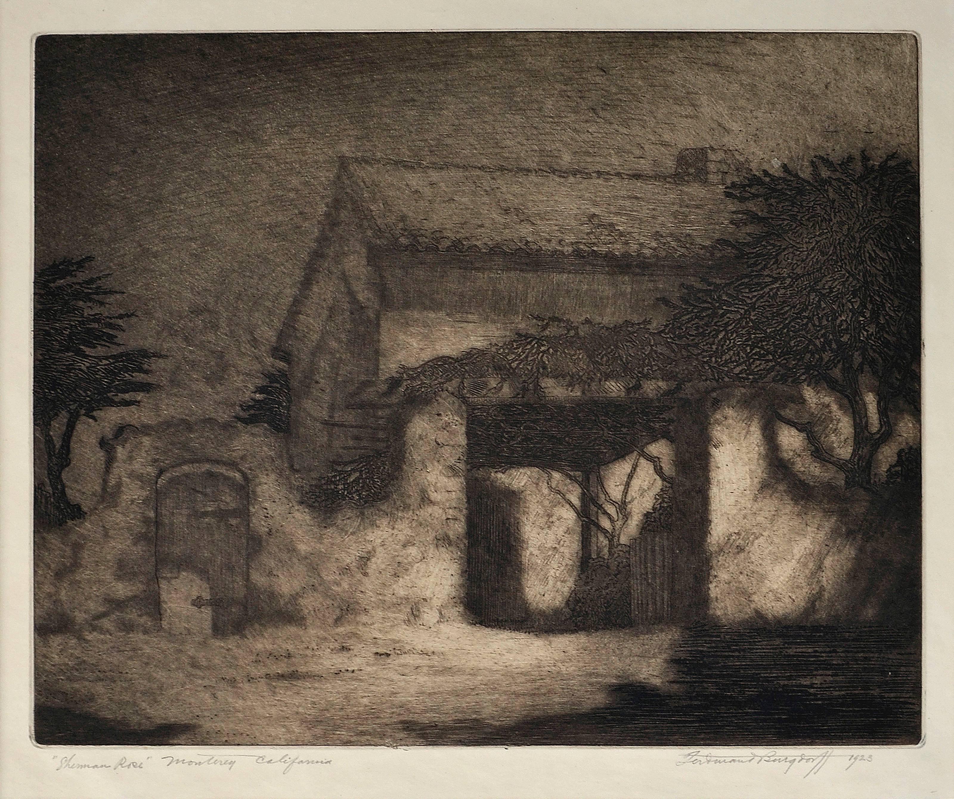 Sherman Rose House, Monterey California - Signed 1920's Landscape Etching  - Print by Ferdinand Burgdorff