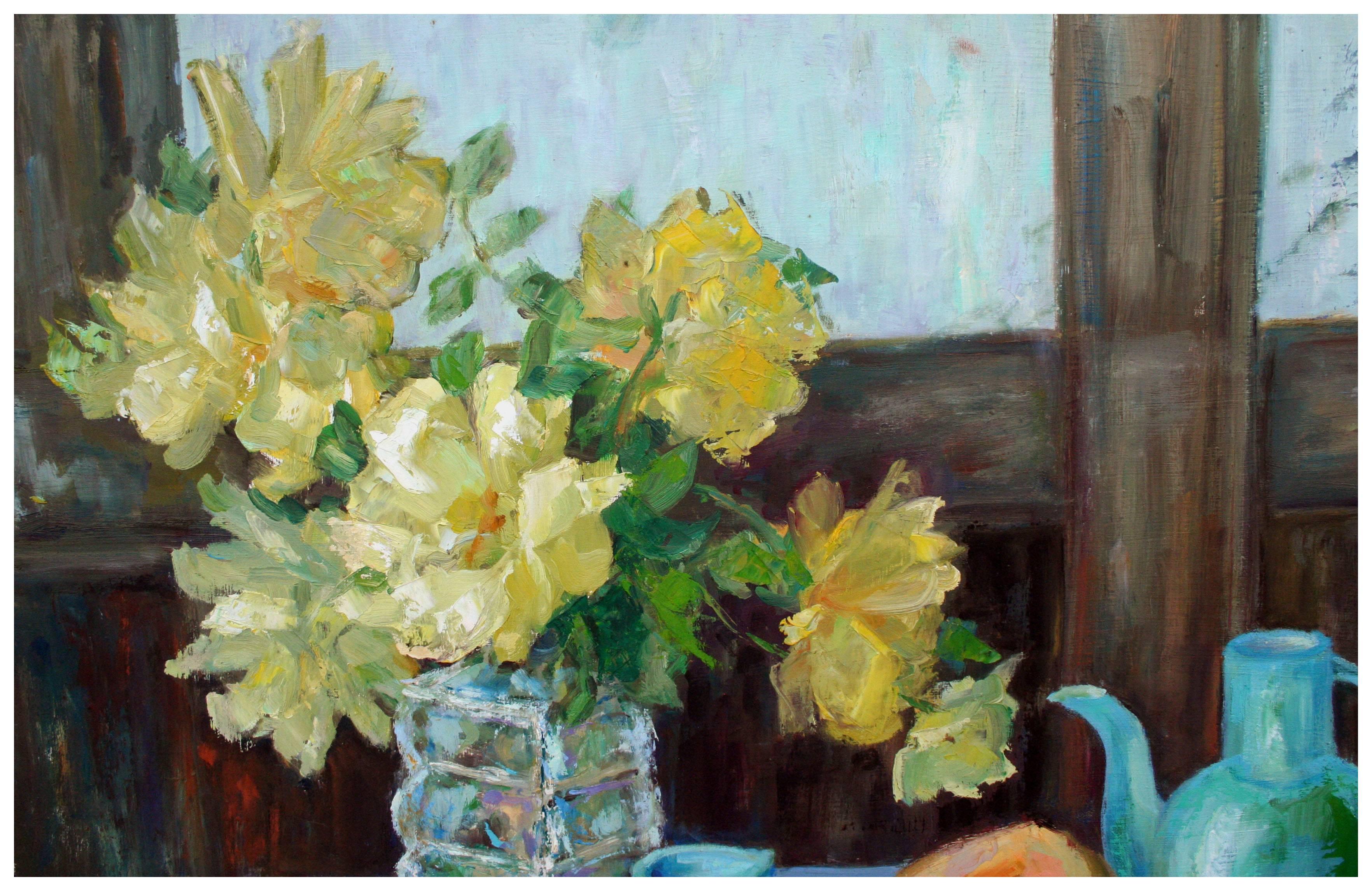 Yellow Roses & Tea - American Impressionist Painting by Helen Enoch Gleiforst