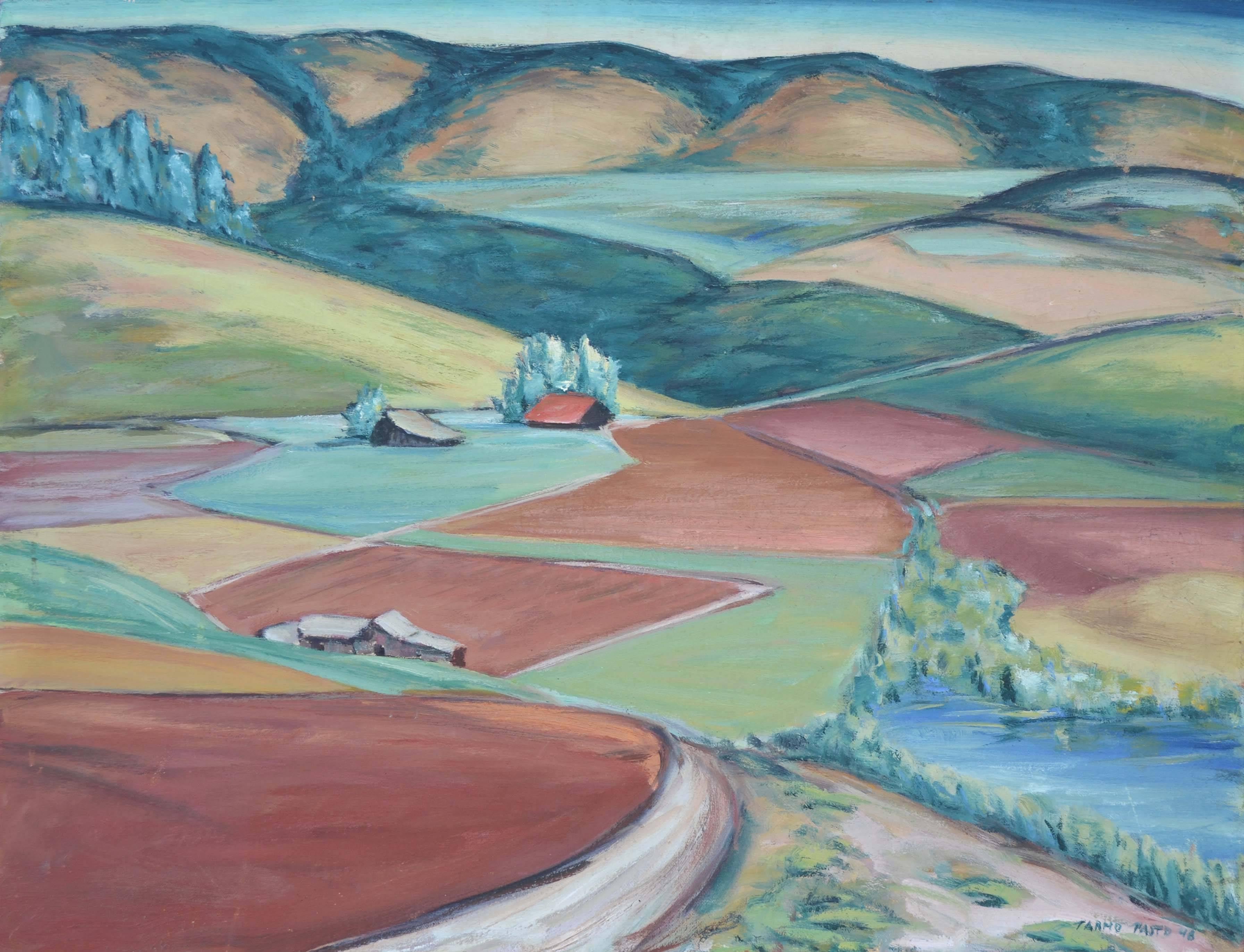 Landscape Painting de Tarmo Pasto - Mediados de siglo --Paisaje de campos y colinas