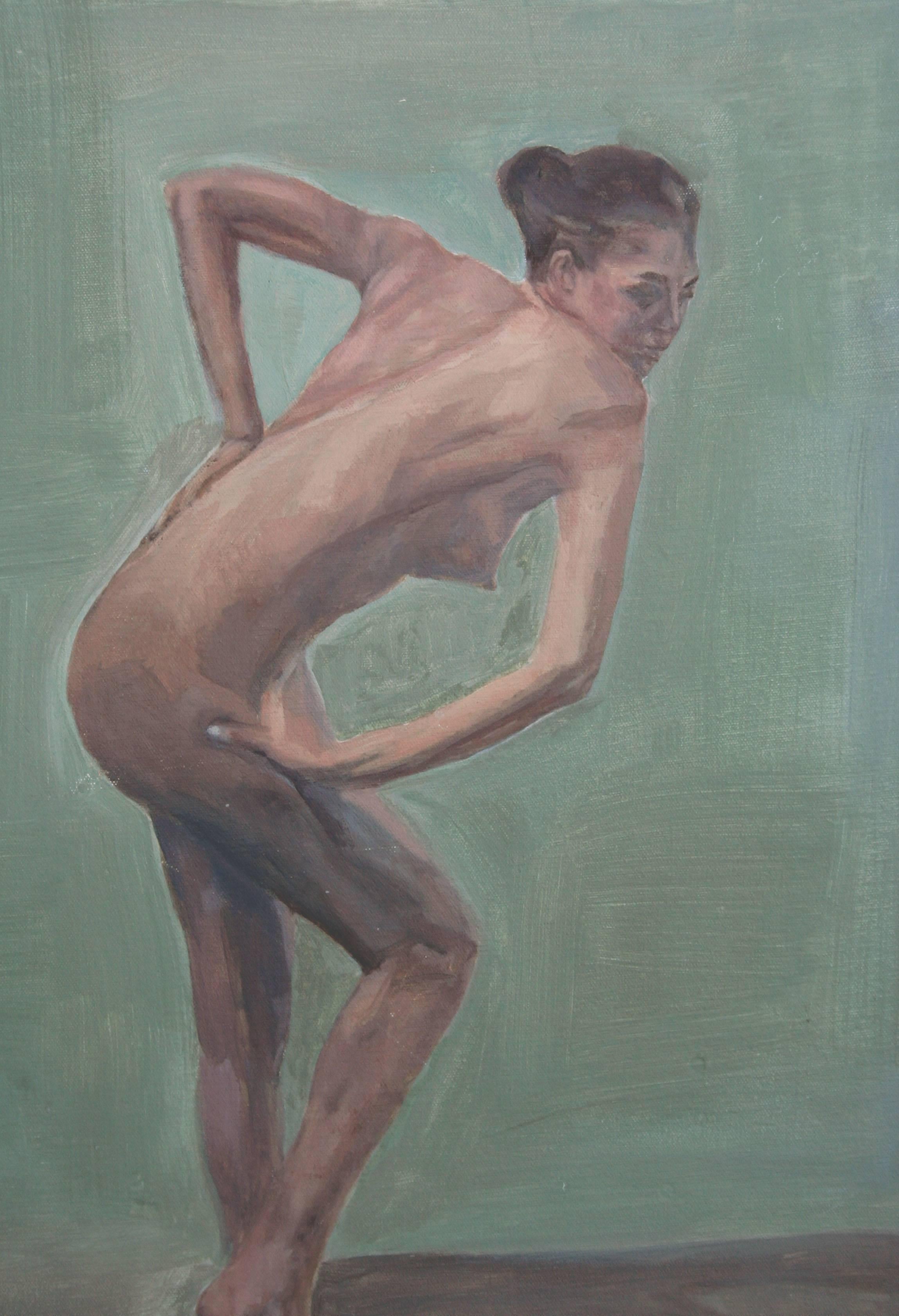 Nude Figurenstudie, stehende weibliche Figur mit salbeigrünem Muster  – Painting von M. Z. Murphy