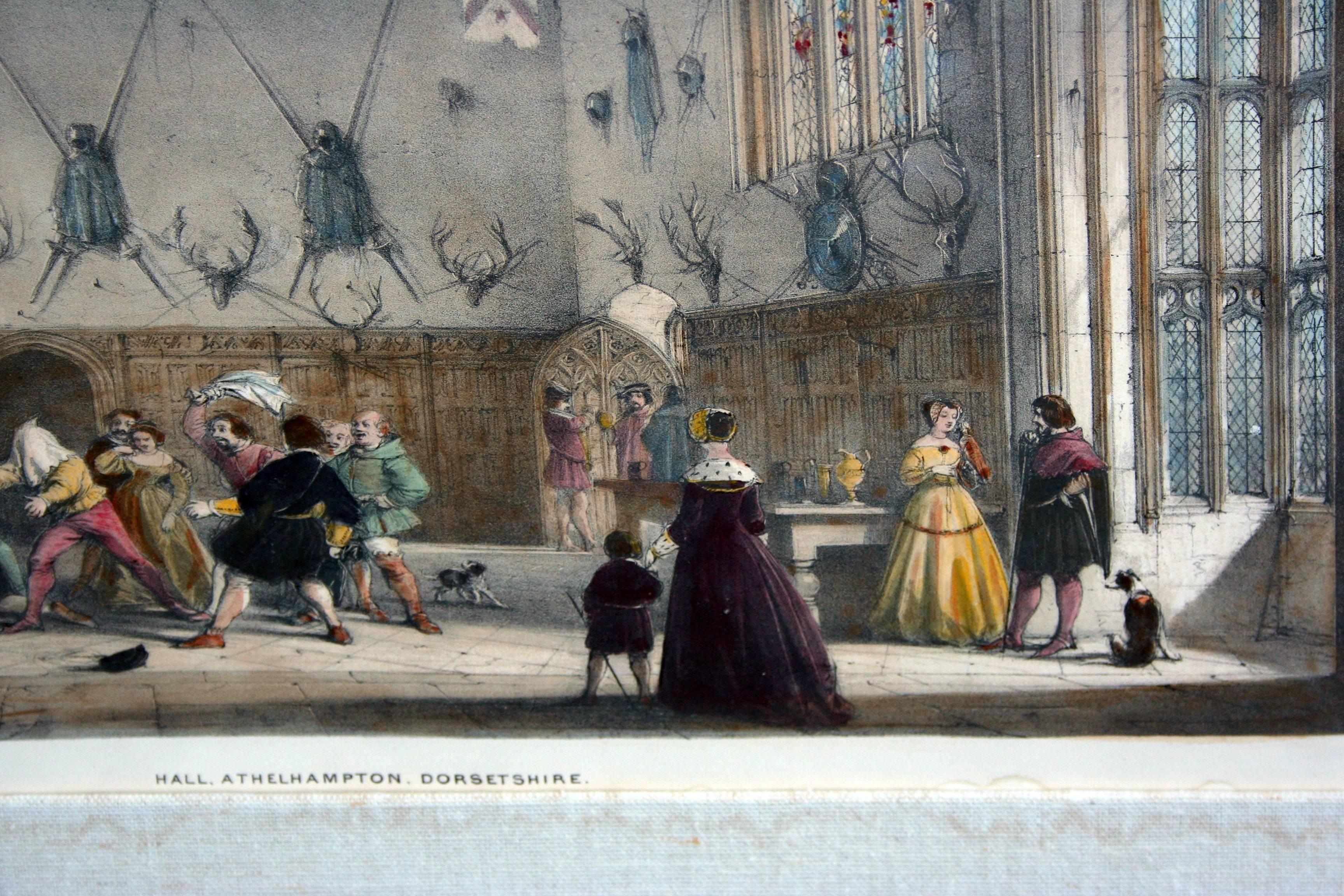 Historical mid-19th century hand tinted lithograph and a lively scene of men and women engaging in a light hearted game of the era by artist Joseph Nash (British, 1808-1878). Signed and dated 