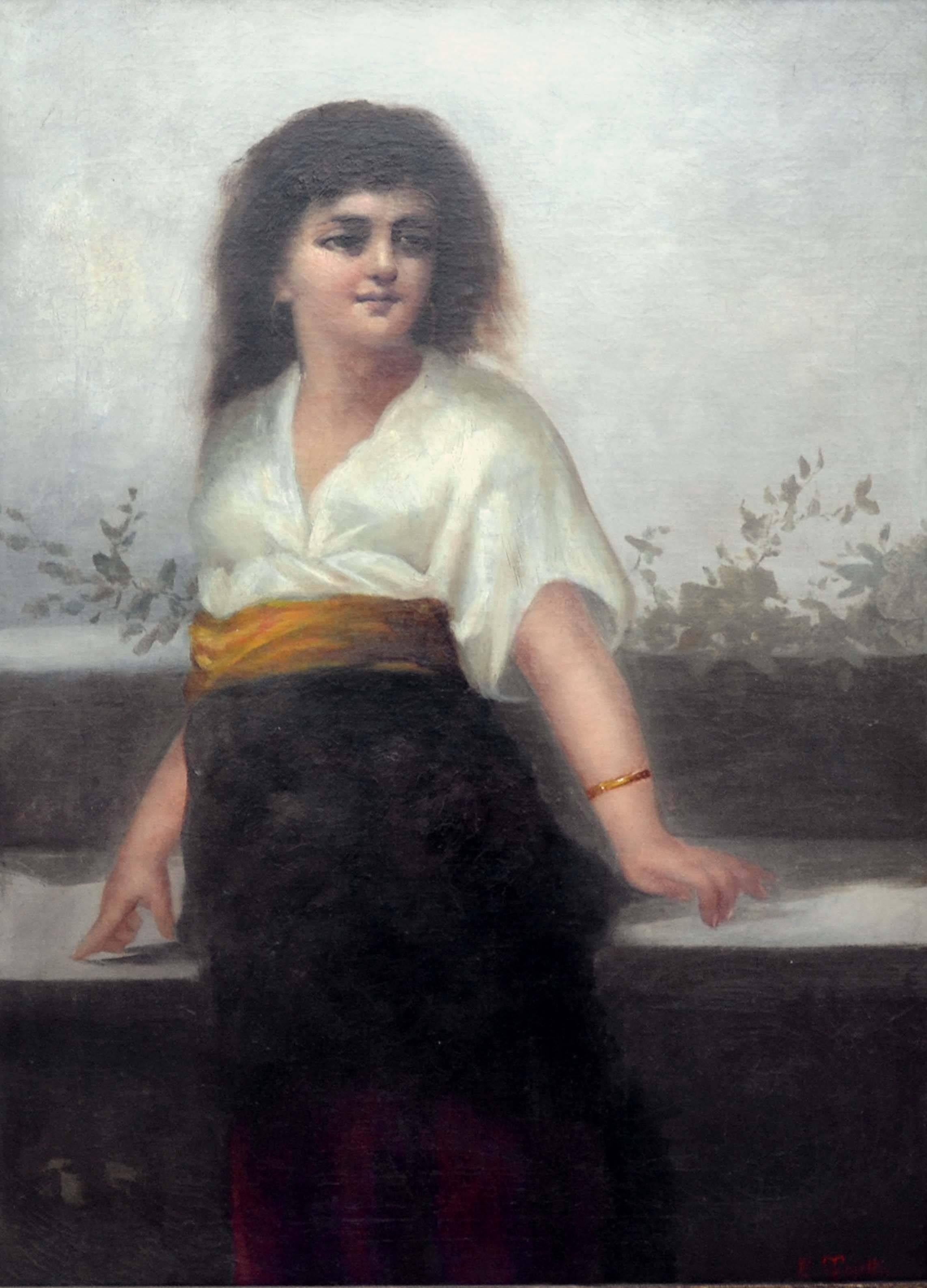 Mädchen mit goldener Schärpe, großformatige figurative weibliche Figuration, spätes 19. Jahrhundert – Painting von Eduardo Tojetti